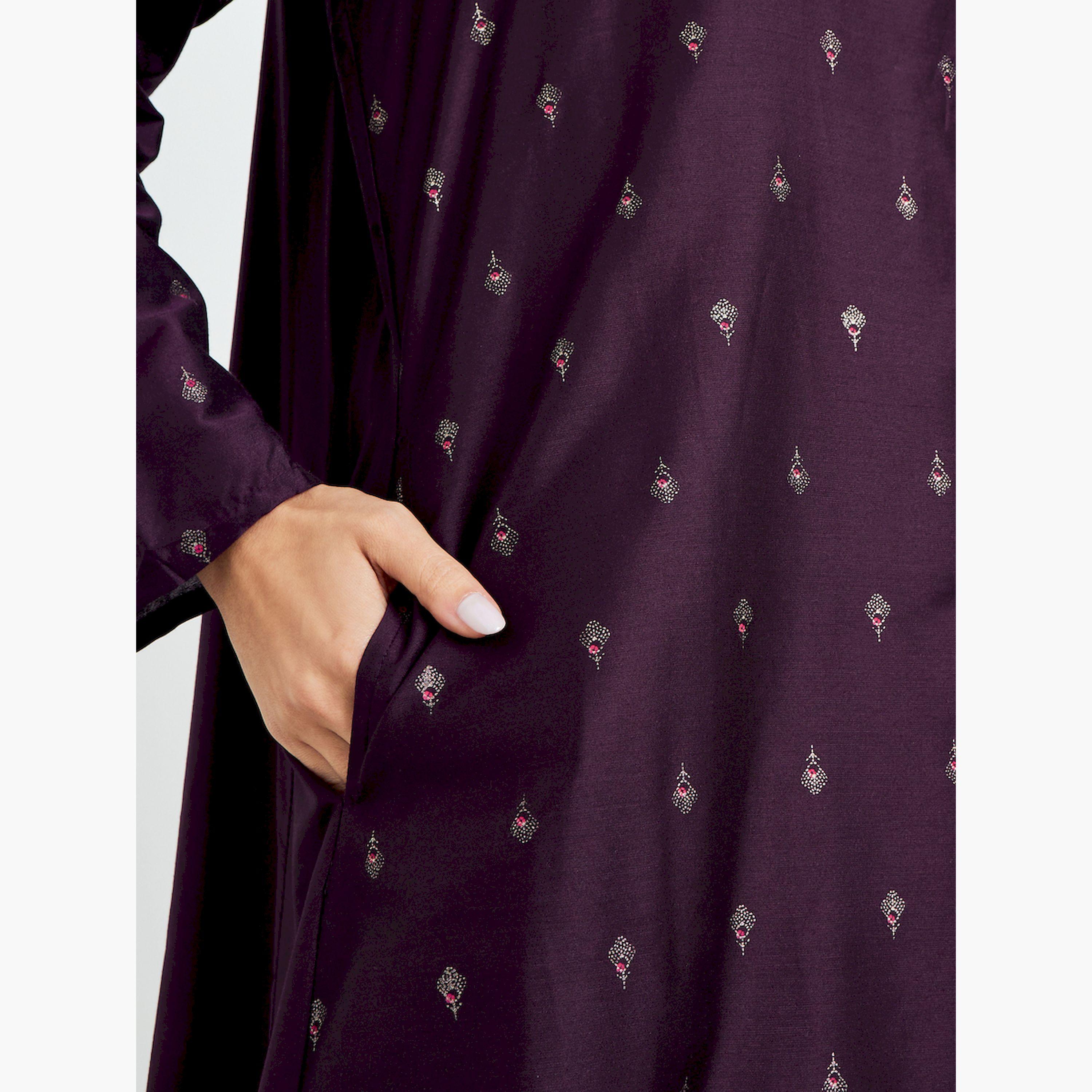Styli Purple Foil Print A-Line Jalabiya with Pockets-women-arabicclothing-jalabiyas-image-6