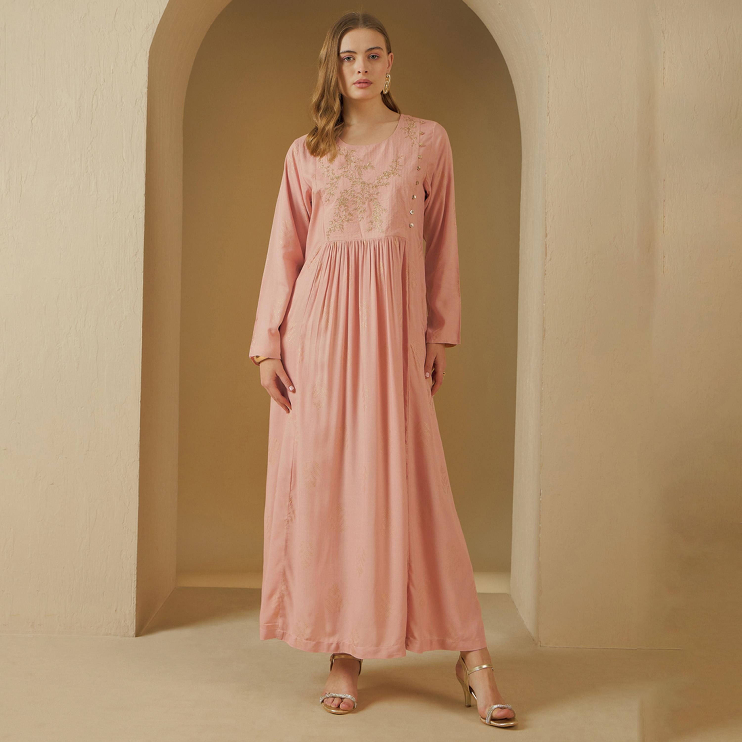 Styli Embroidered Round Neck Gathered Detail A-Line Jalabiya-women-arabicclothing-jalabiyas-image-2