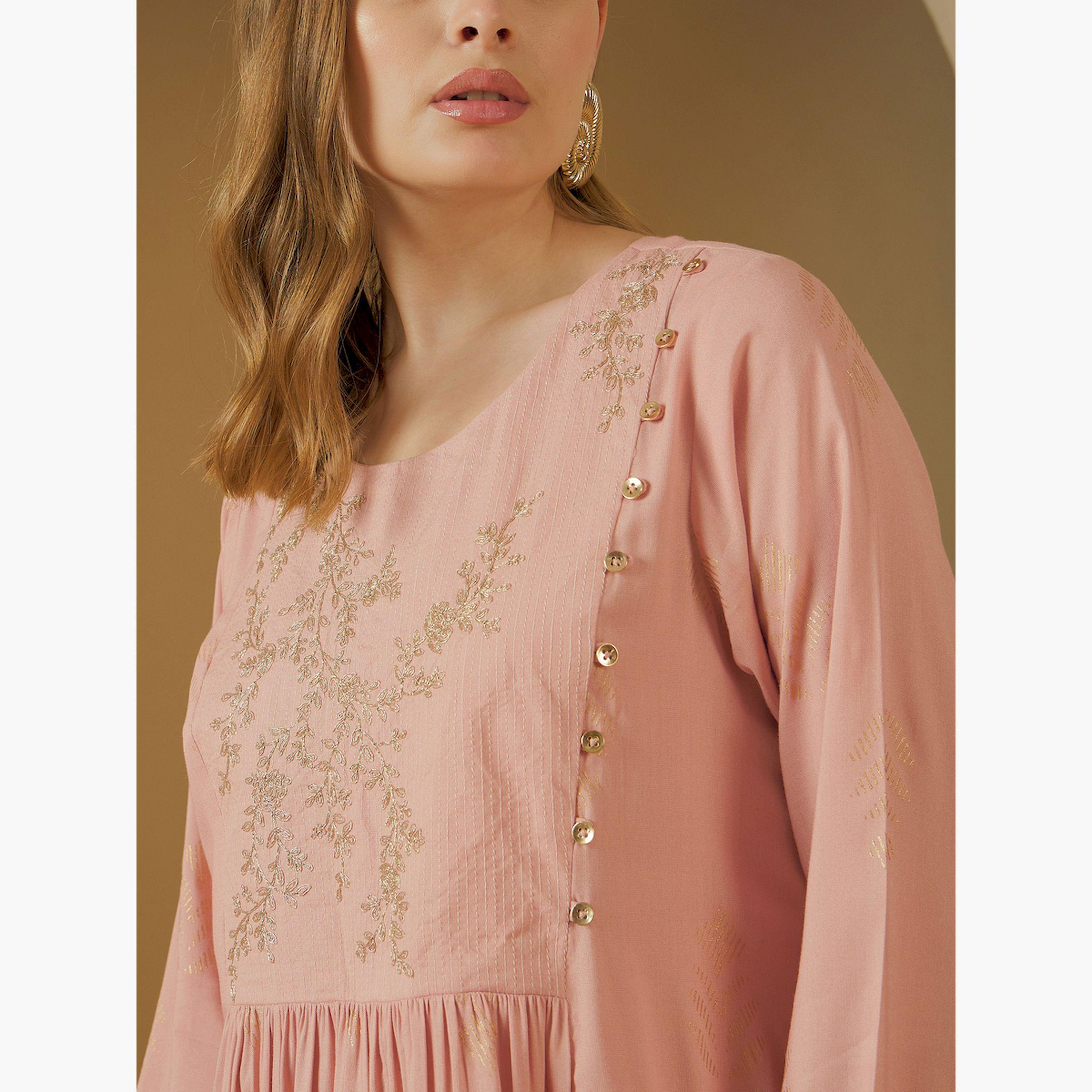 Styli Embroidered Round Neck Gathered Detail A-Line Jalabiya-women-arabicclothing-jalabiyas-image-4