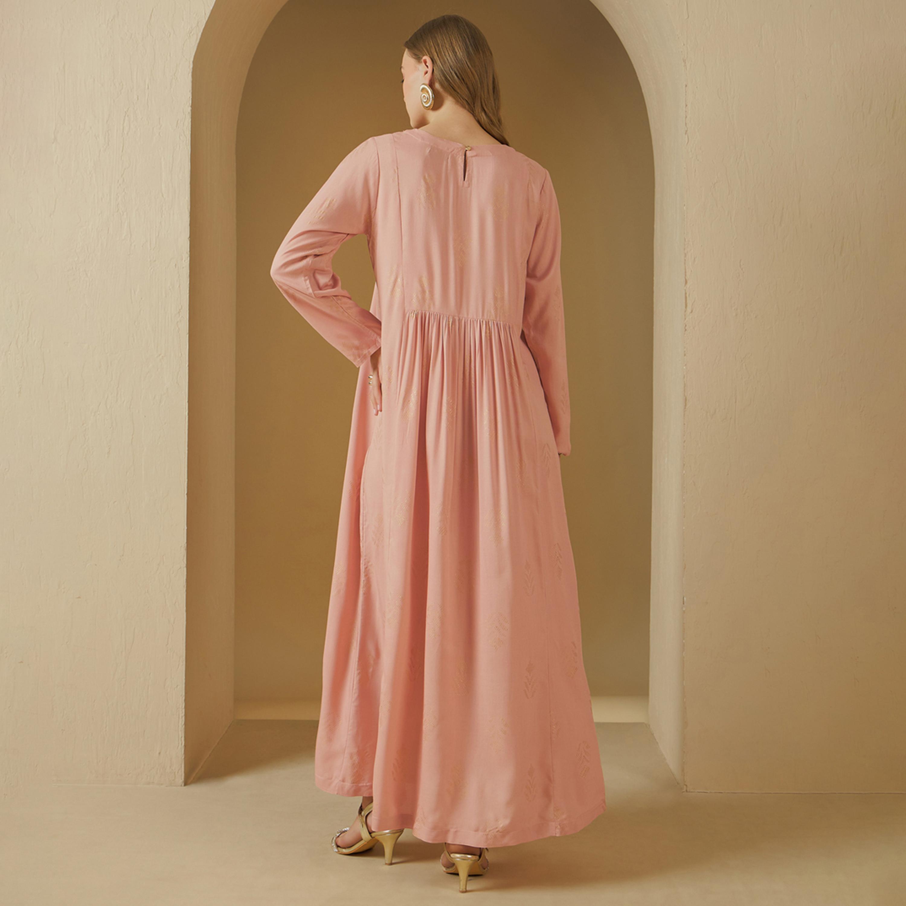 Styli Embroidered Round Neck Gathered Detail A-Line Jalabiya-women-arabicclothing-jalabiyas-image-5