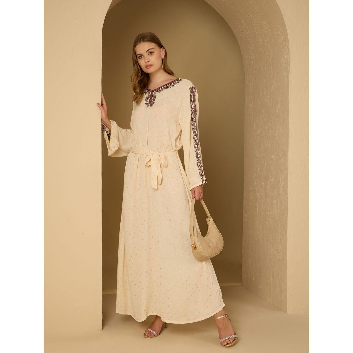 Styli Crinkled Embroidered Detail Jacquard Jalabiya with Fabric Belt-women-arabicclothing-jalabiyas-image-1