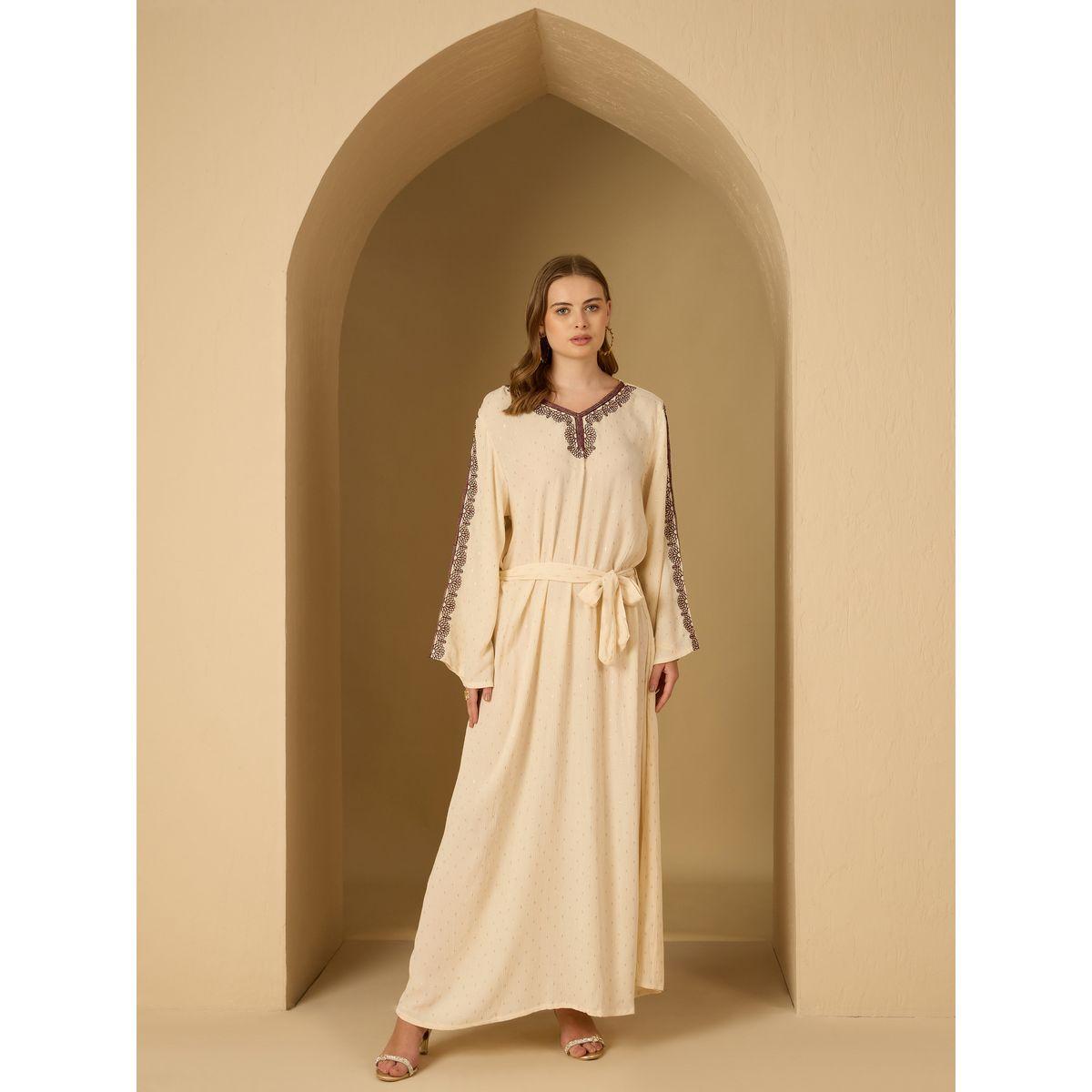 Styli Crinkled Embroidered Detail Jacquard Jalabiya with Fabric Belt-women-arabicclothing-jalabiyas-image-2