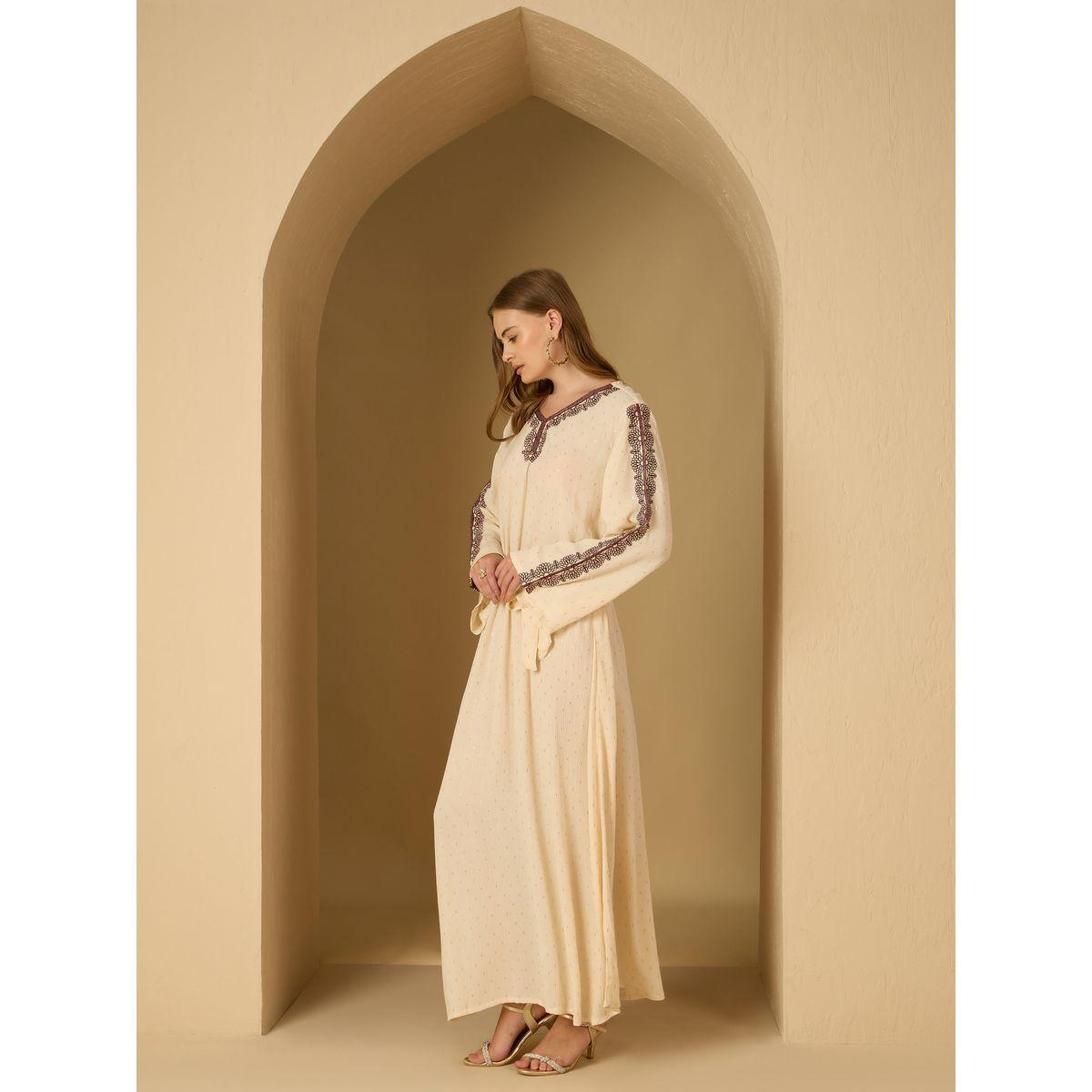 Styli Crinkled Embroidered Detail Jacquard Jalabiya with Fabric Belt-women-arabicclothing-jalabiyas-image-3