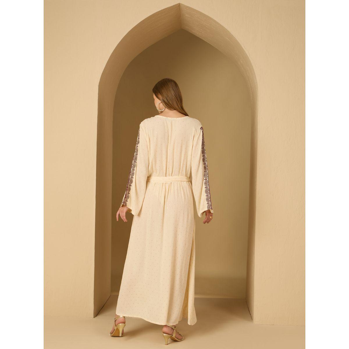 Styli Crinkled Embroidered Detail Jacquard Jalabiya with Fabric Belt-women-arabicclothing-jalabiyas-image-5