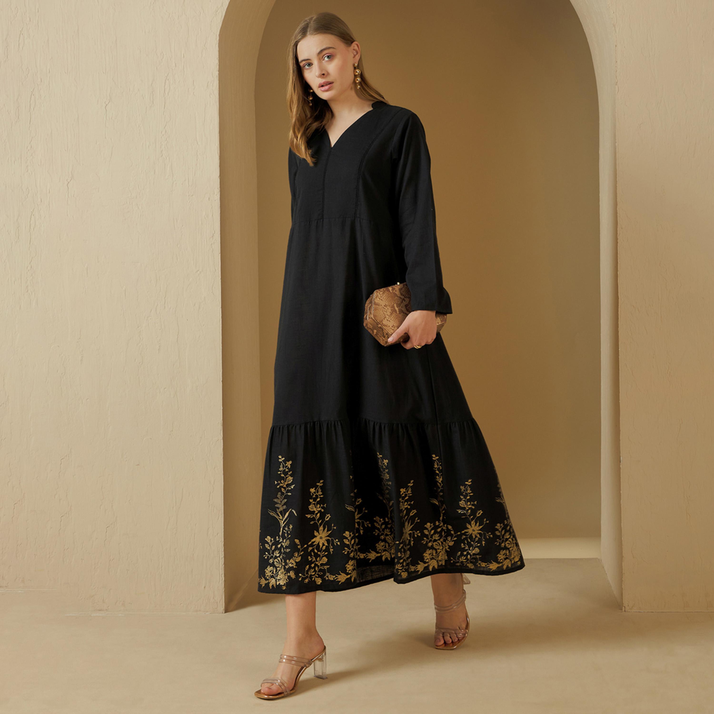Styli Embroidered Trim V-Neck A-Line Jalabiya-women-arabicclothing-jalabiyas-image-1