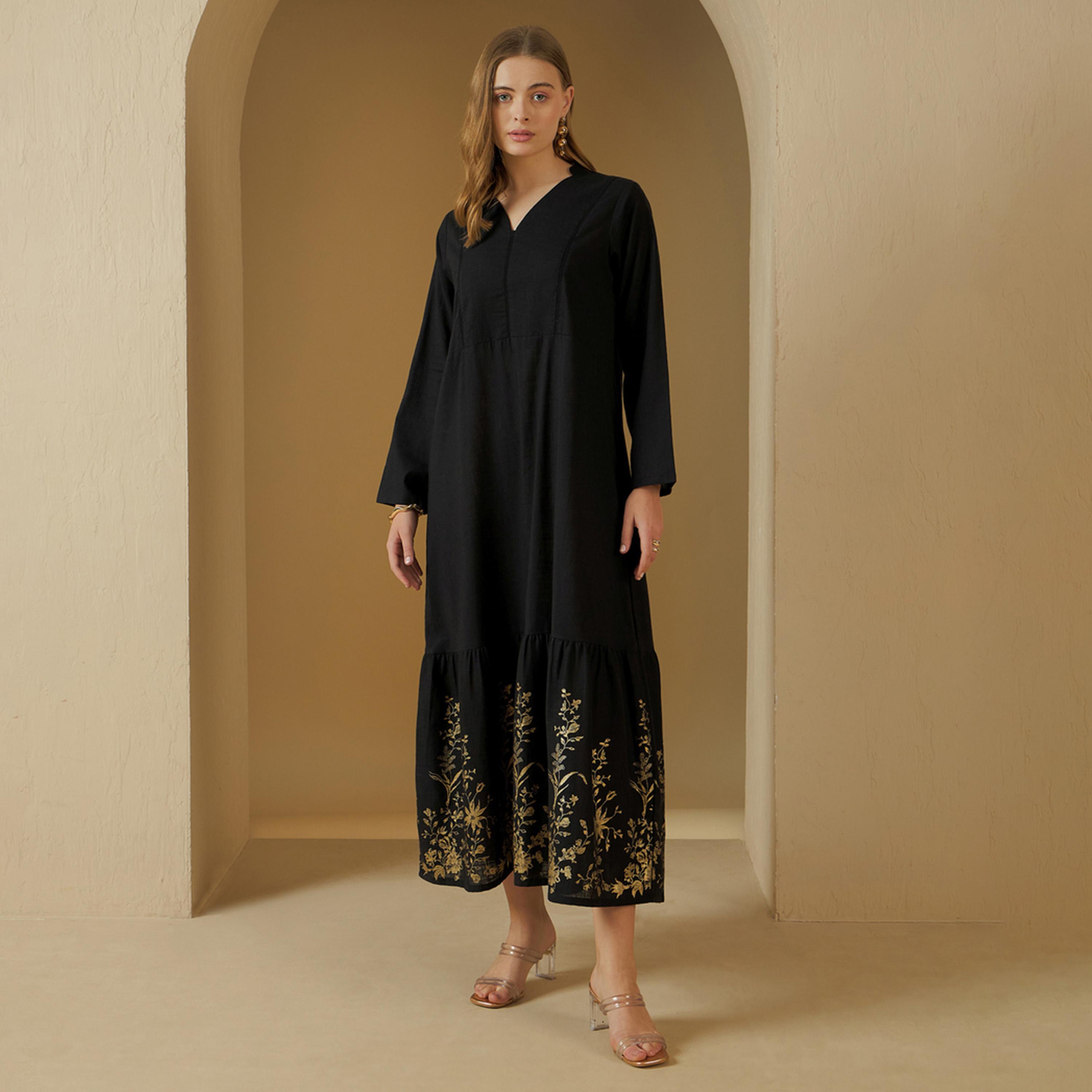 Styli Embroidered Trim V-Neck A-Line Jalabiya-women-arabicclothing-jalabiyas-image-2