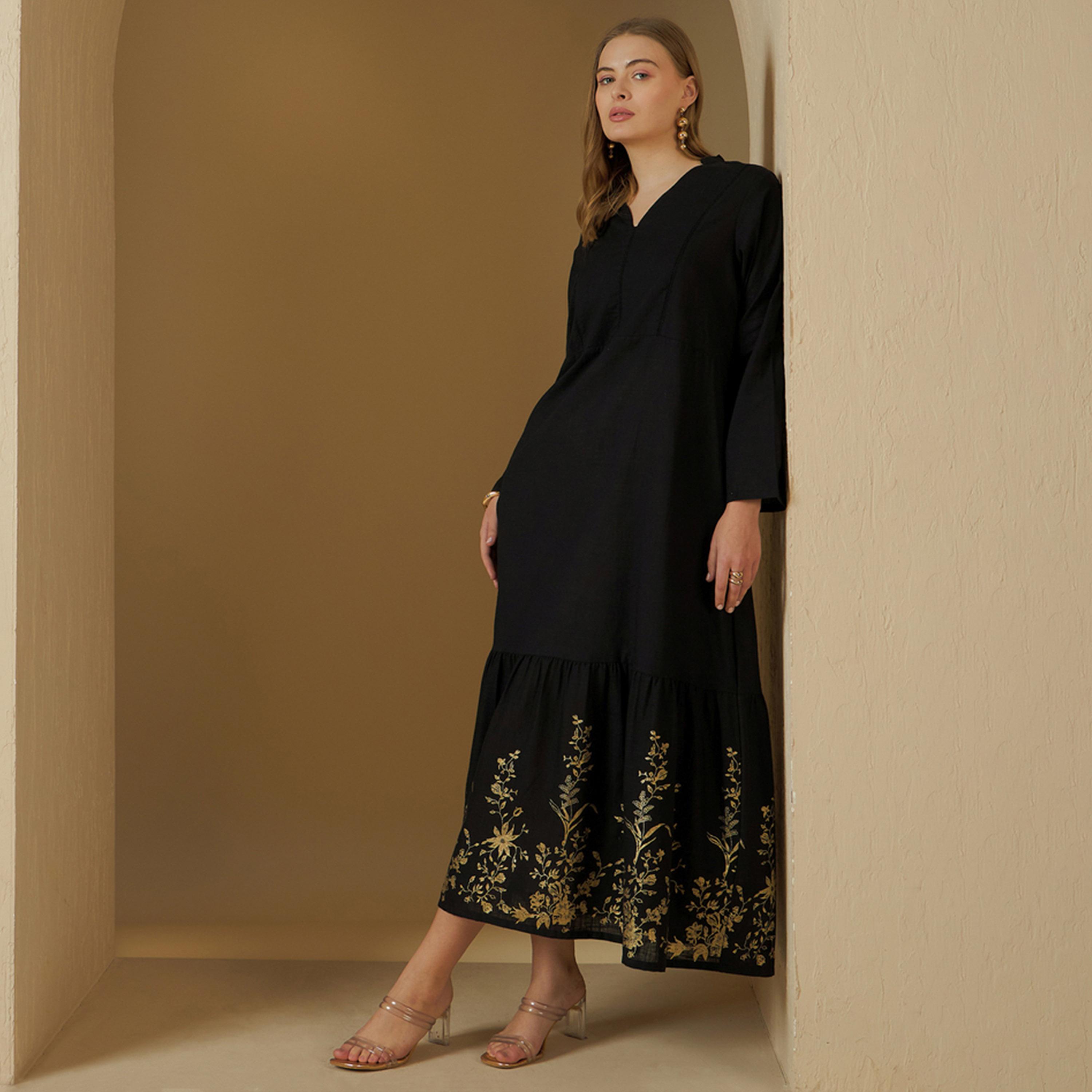 Styli Embroidered Trim V-Neck A-Line Jalabiya-women-arabicclothing-jalabiyas-image-6