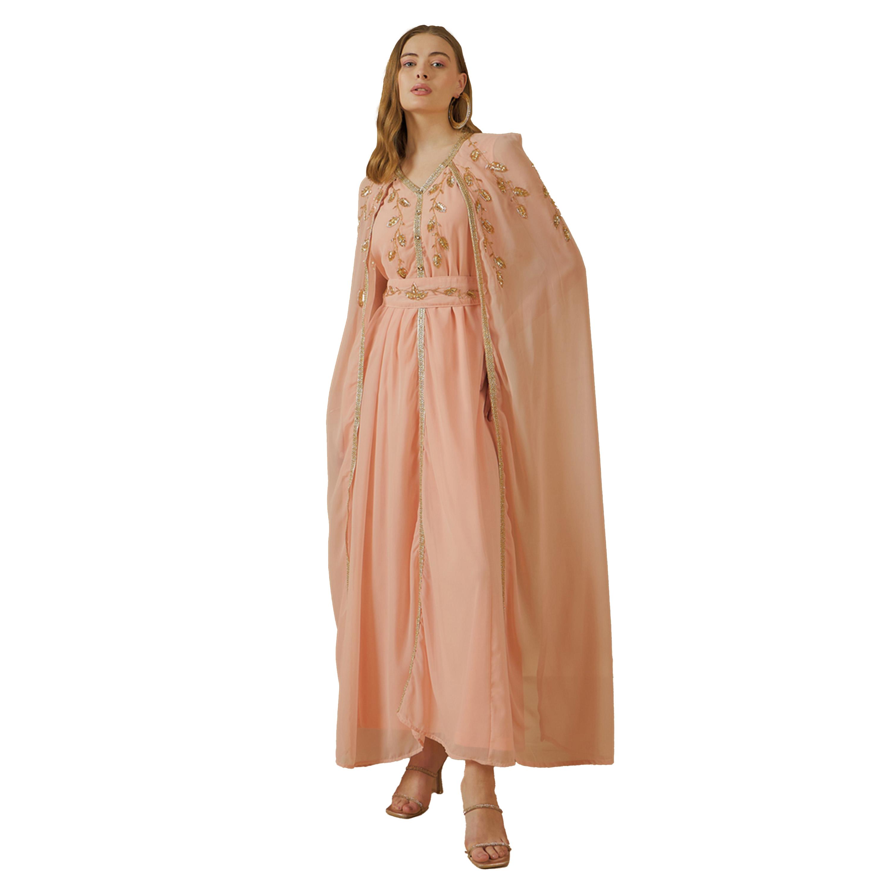 Amirah X Styli Embroidered Cape Sleeve Belted Kaftan-women-arabicclothing-kaftan-image-2