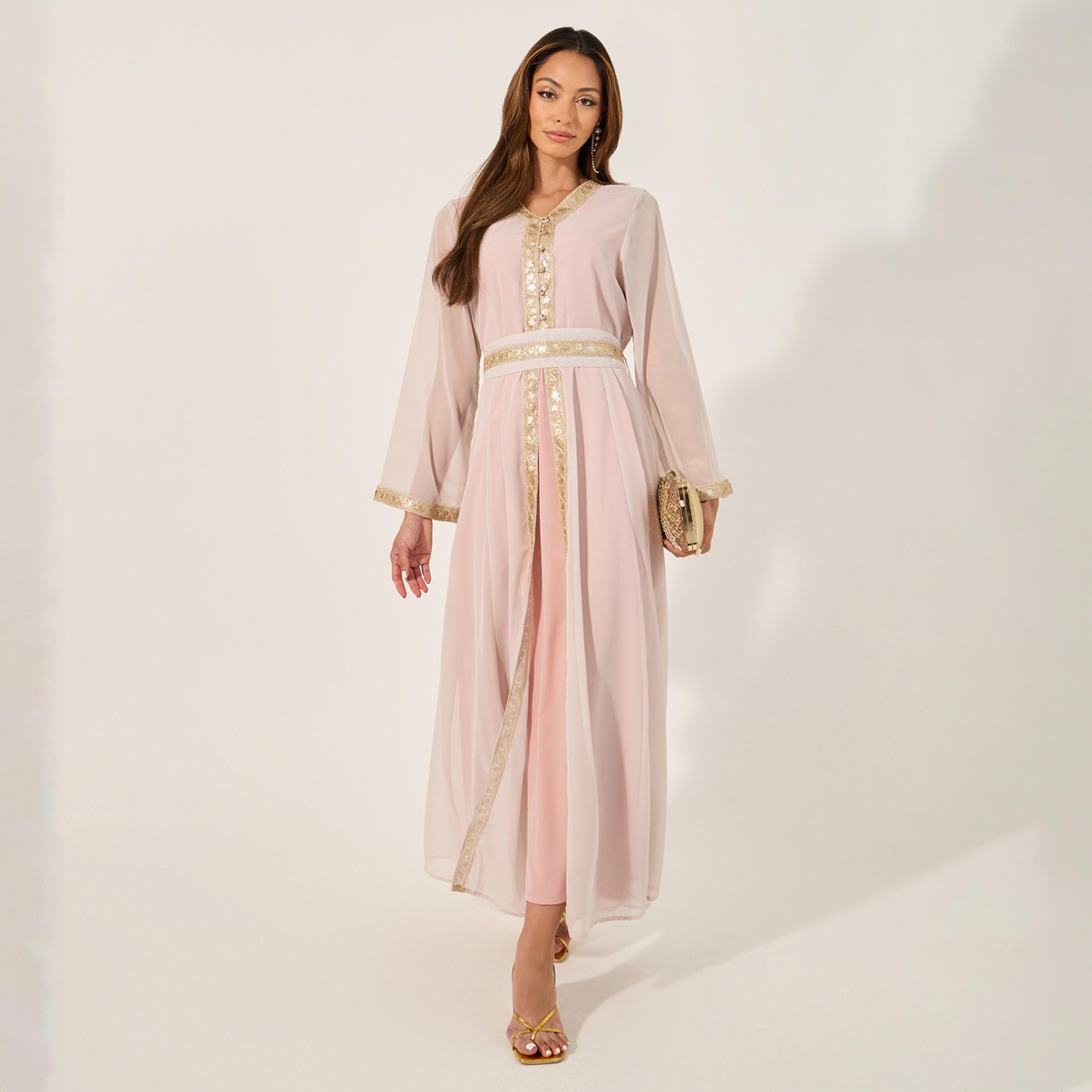Styli Embellished Lace Insert V-Neck Layered Kaftana-women-arabicclothing-kaftan-image-1