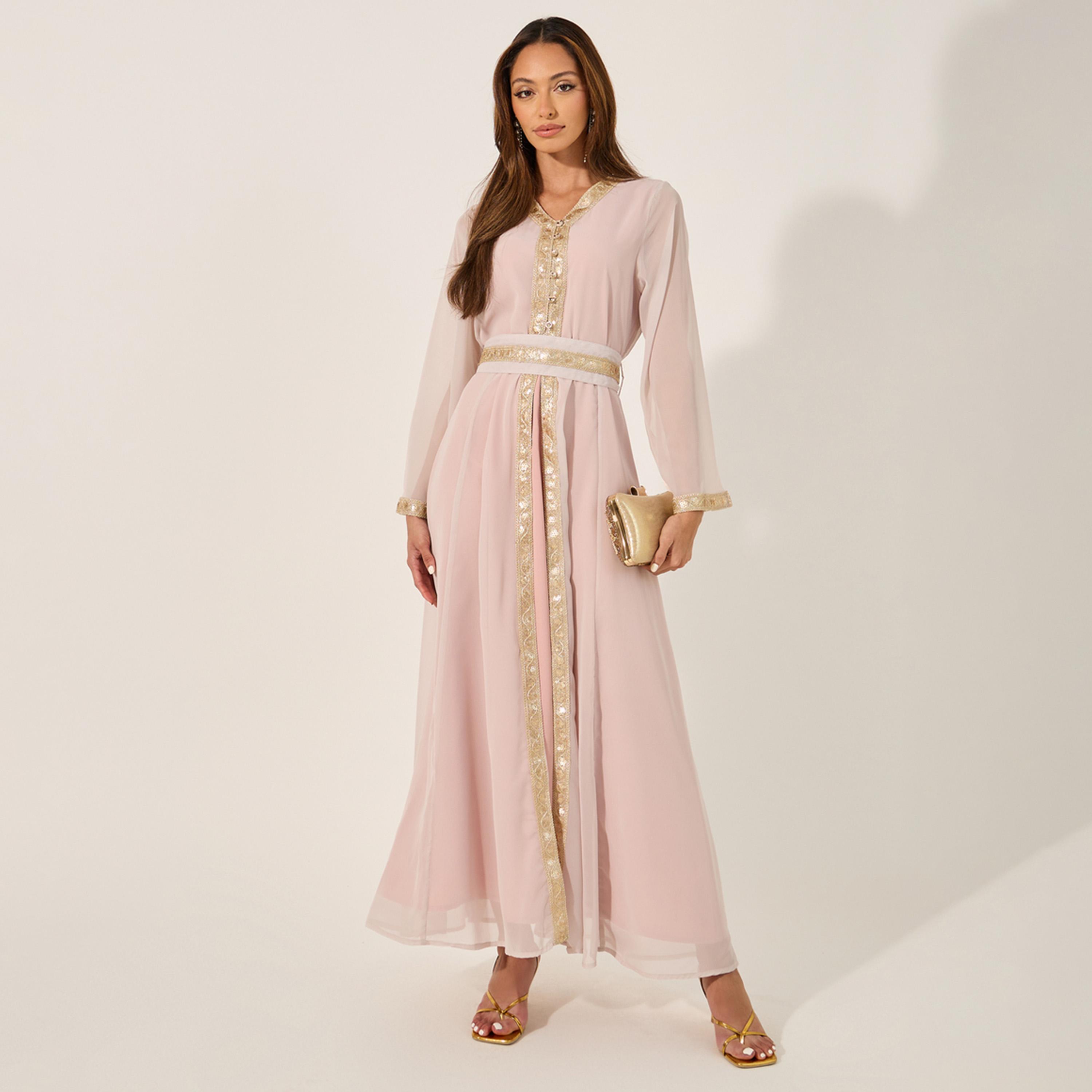Styli Embellished Lace Insert V-Neck Layered Kaftana-women-arabicclothing-kaftan-image-2