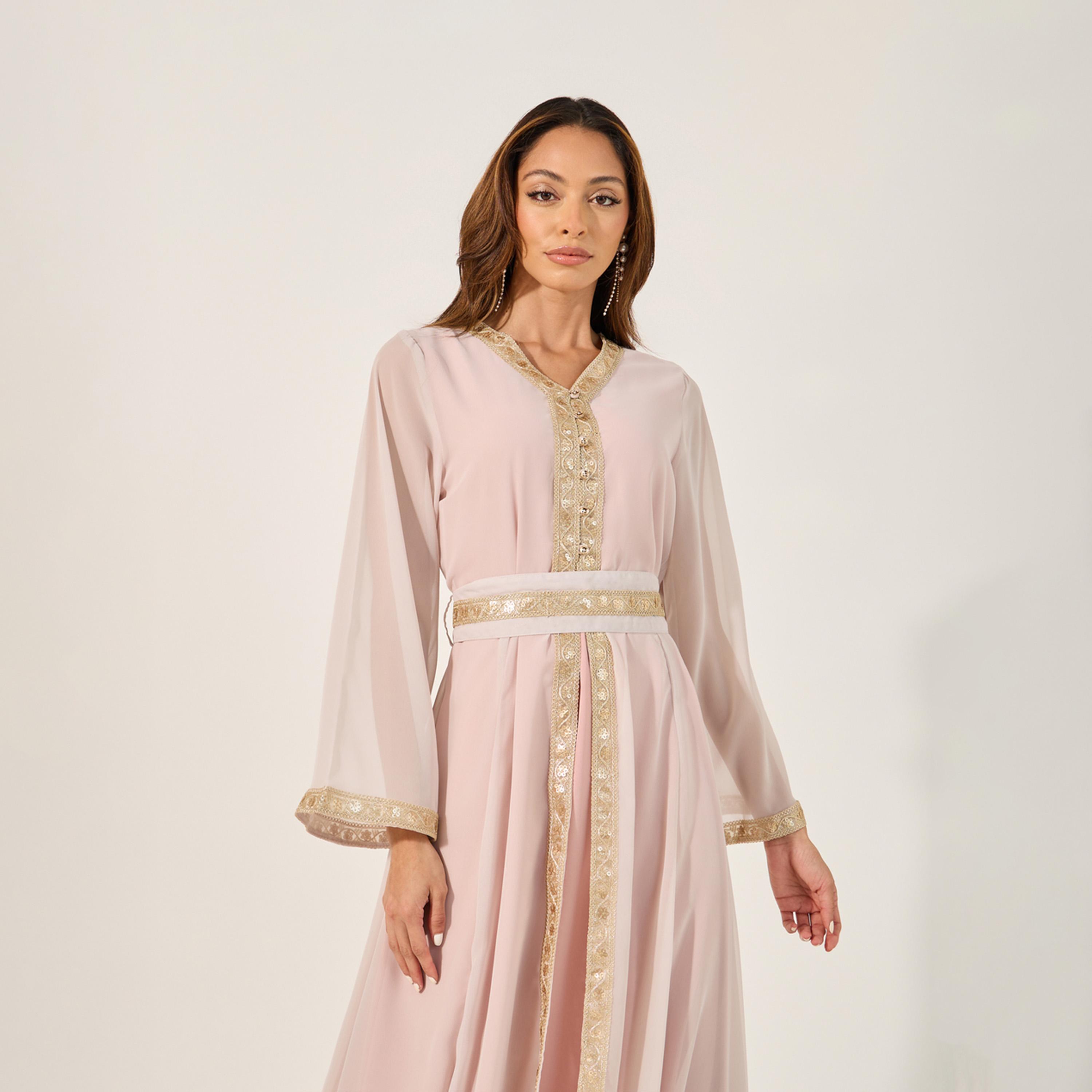 Styli Embellished Lace Insert V-Neck Layered Kaftana-women-arabicclothing-kaftan-image-3