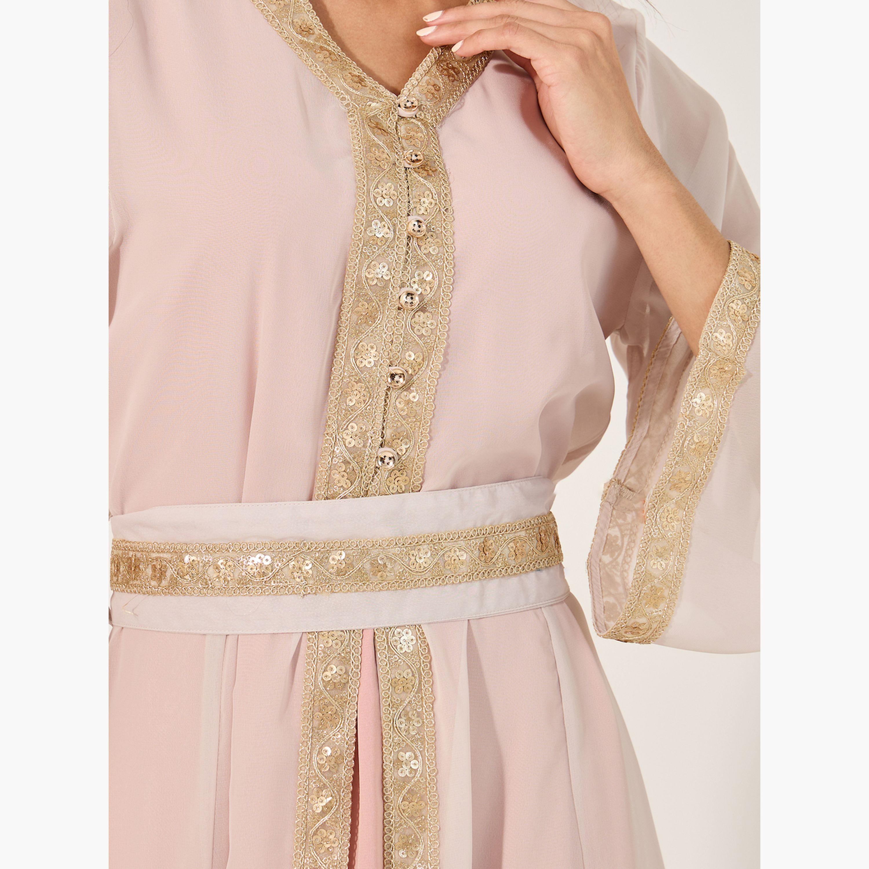 Styli Embellished Lace Insert V-Neck Layered Kaftana-women-arabicclothing-kaftan-image-4