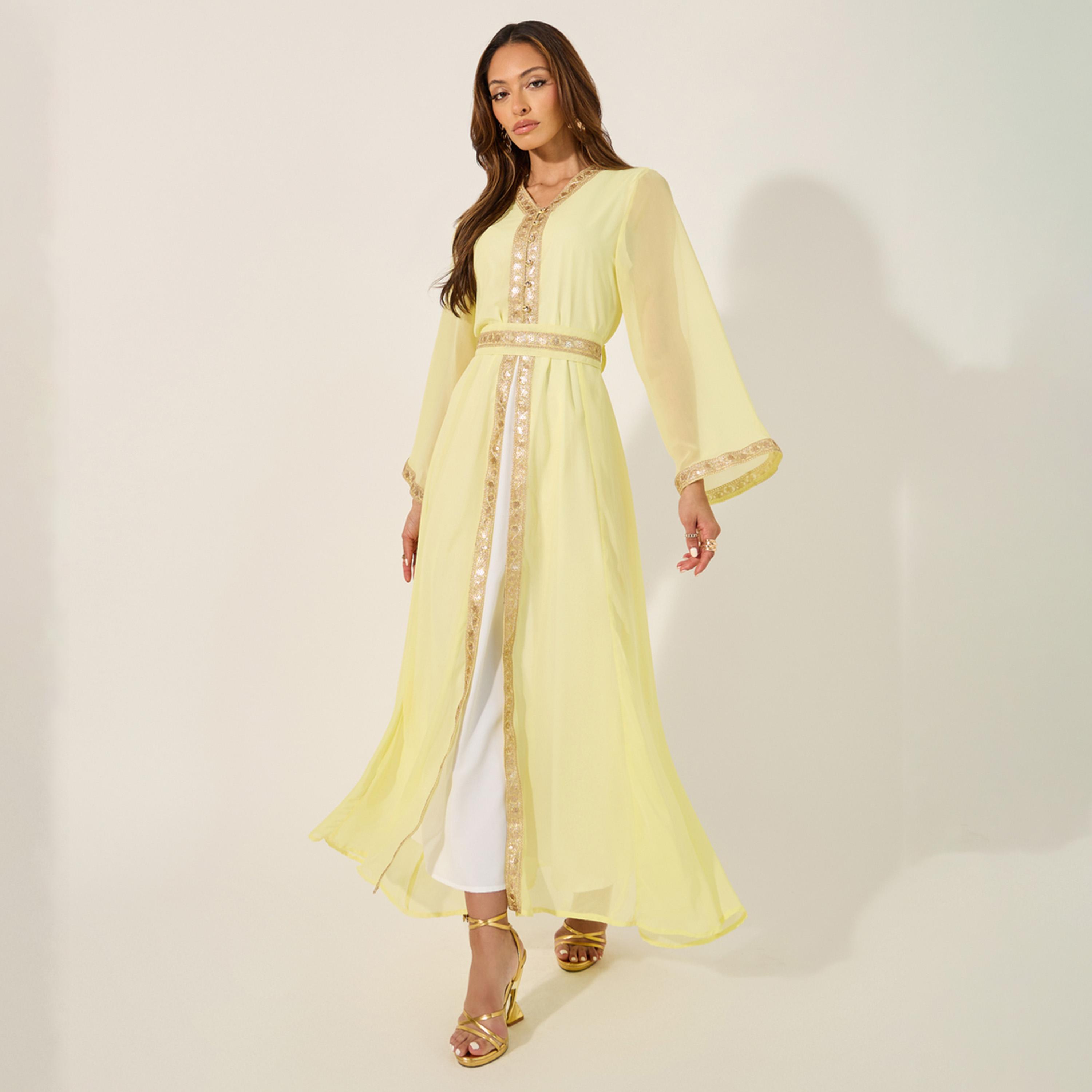 Styli Lace Insert V-Neck A-Line Belted Kaftan-women-arabicclothing-kaftan-image-1