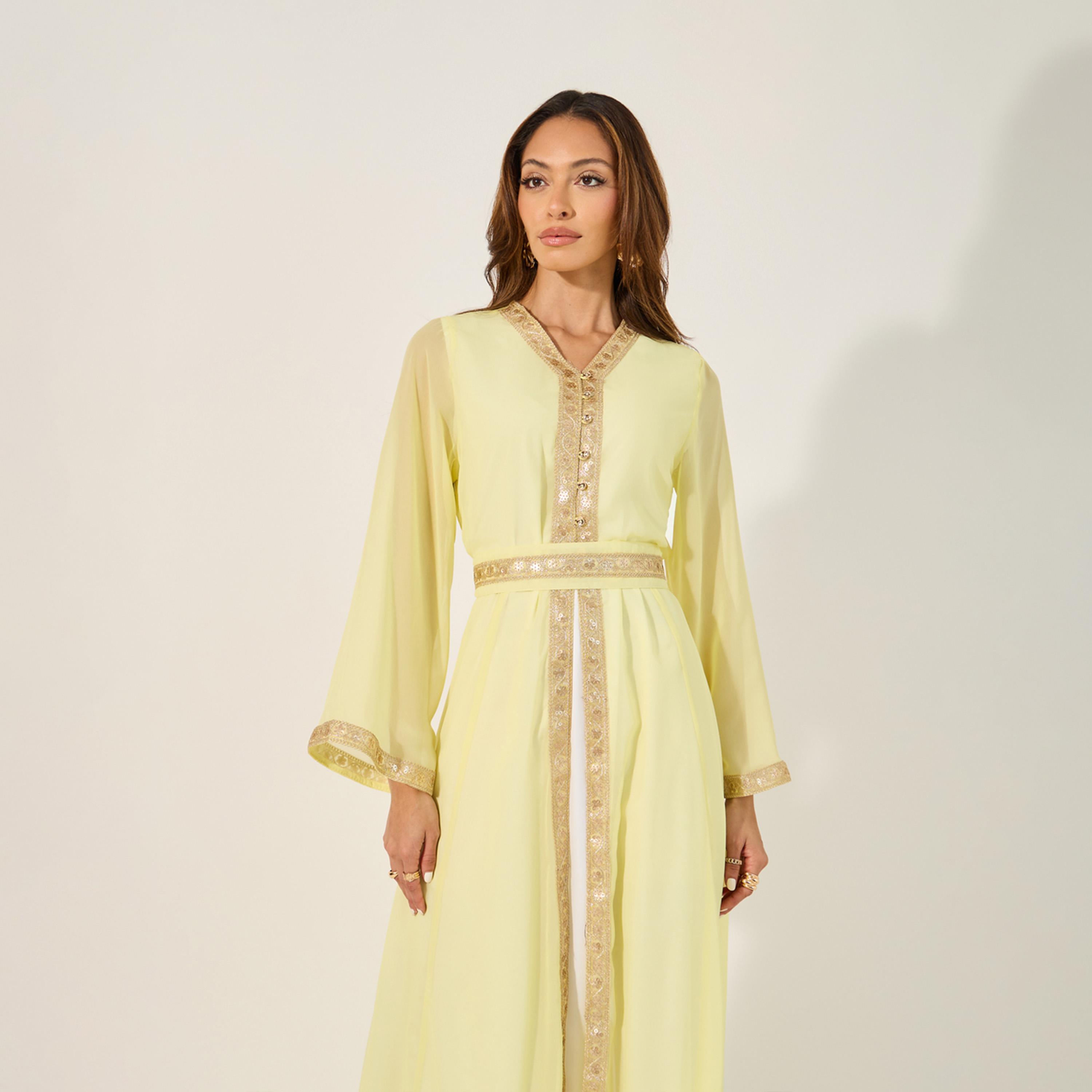 Styli Lace Insert V-Neck A-Line Belted Kaftan-women-arabicclothing-kaftan-image-3