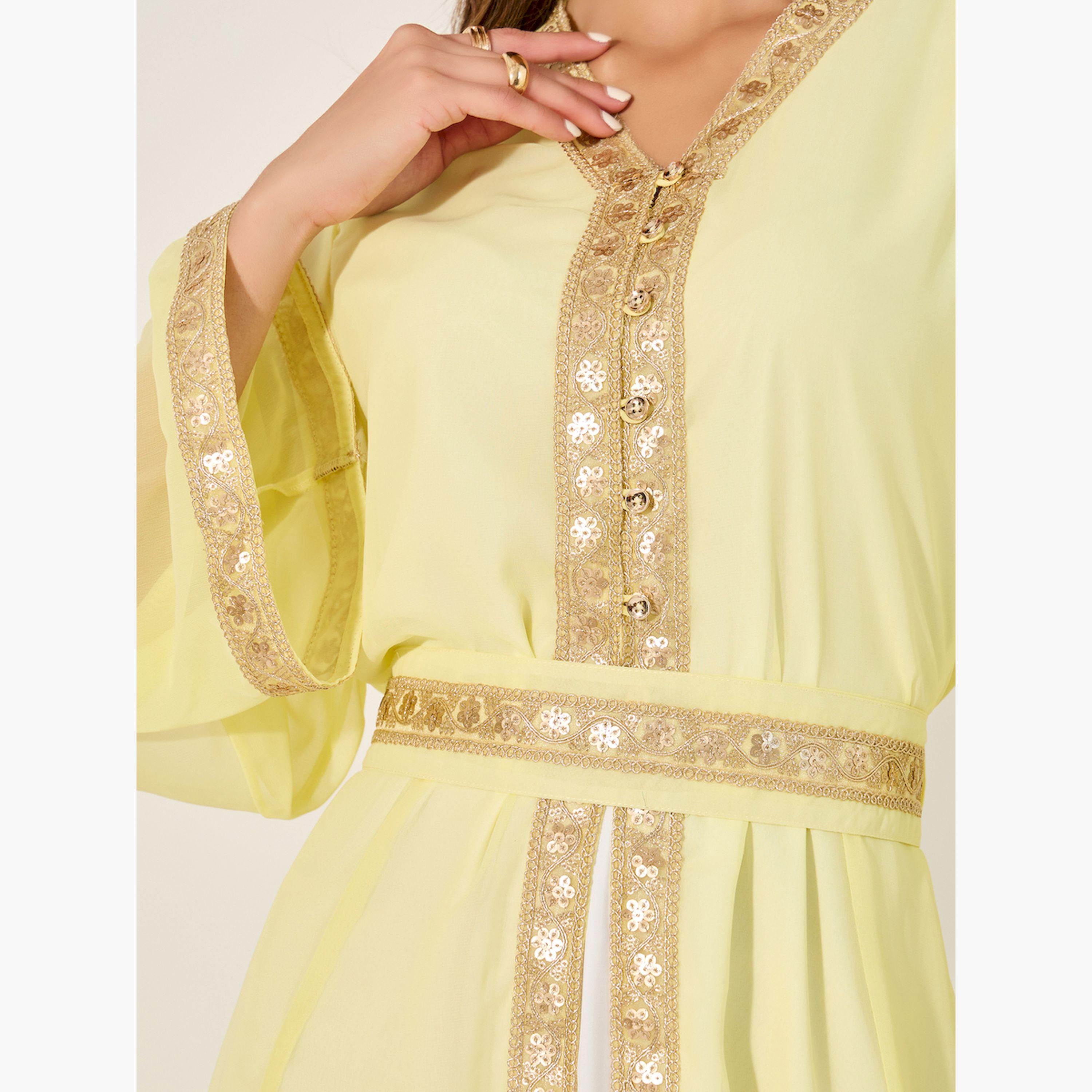 Styli Lace Insert V-Neck A-Line Belted Kaftan-women-arabicclothing-kaftan-image-4