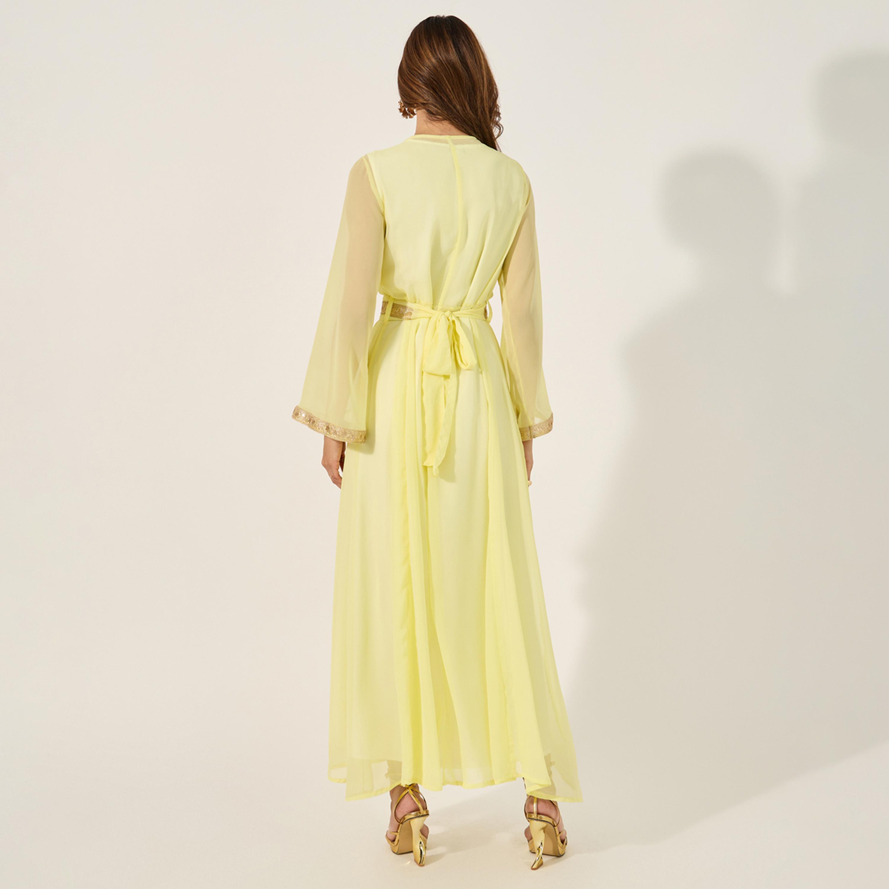 Styli Lace Insert V-Neck A-Line Belted Kaftan-women-arabicclothing-kaftan-image-5