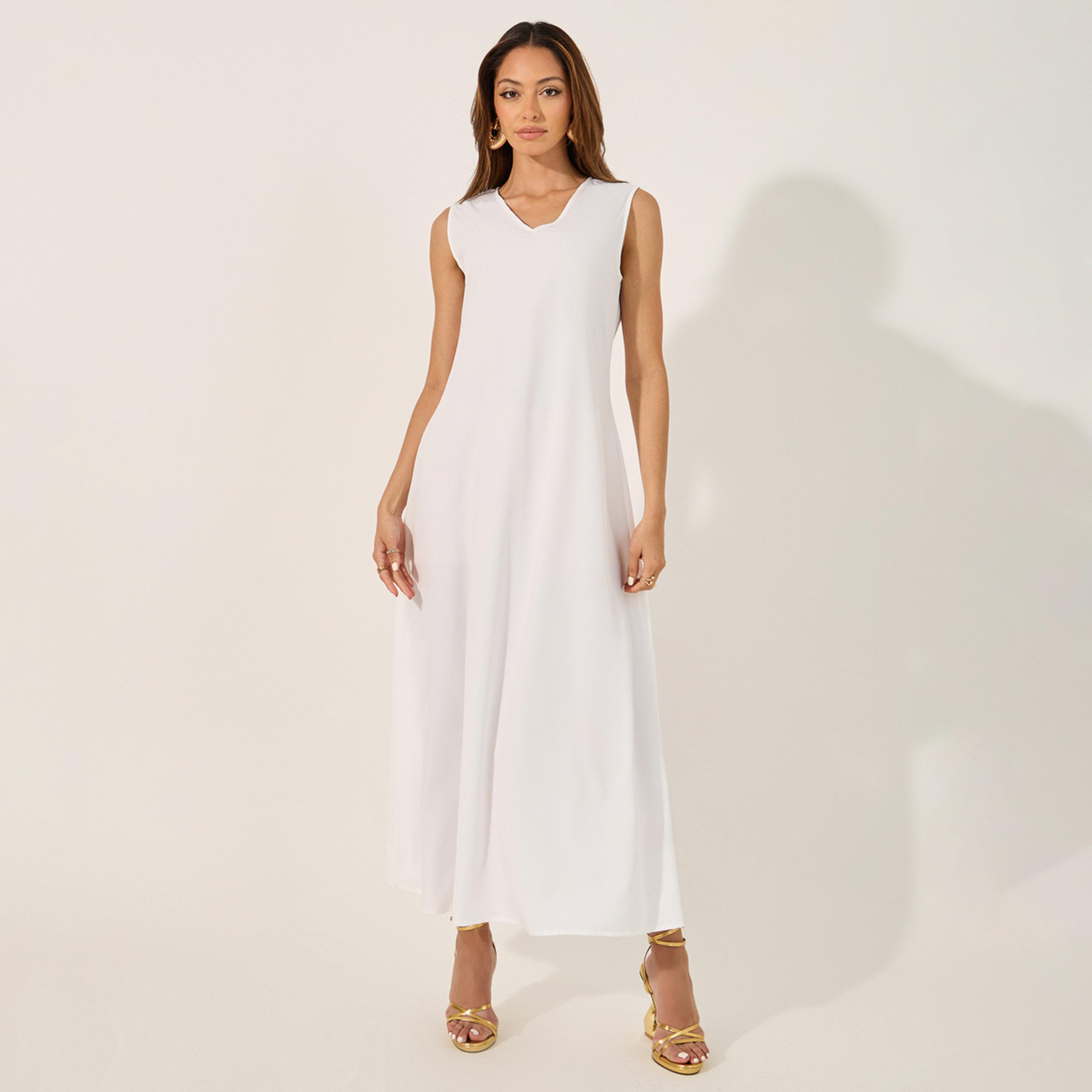 Styli Lace Insert V-Neck A-Line Belted Kaftan-women-arabicclothing-kaftan-image-6