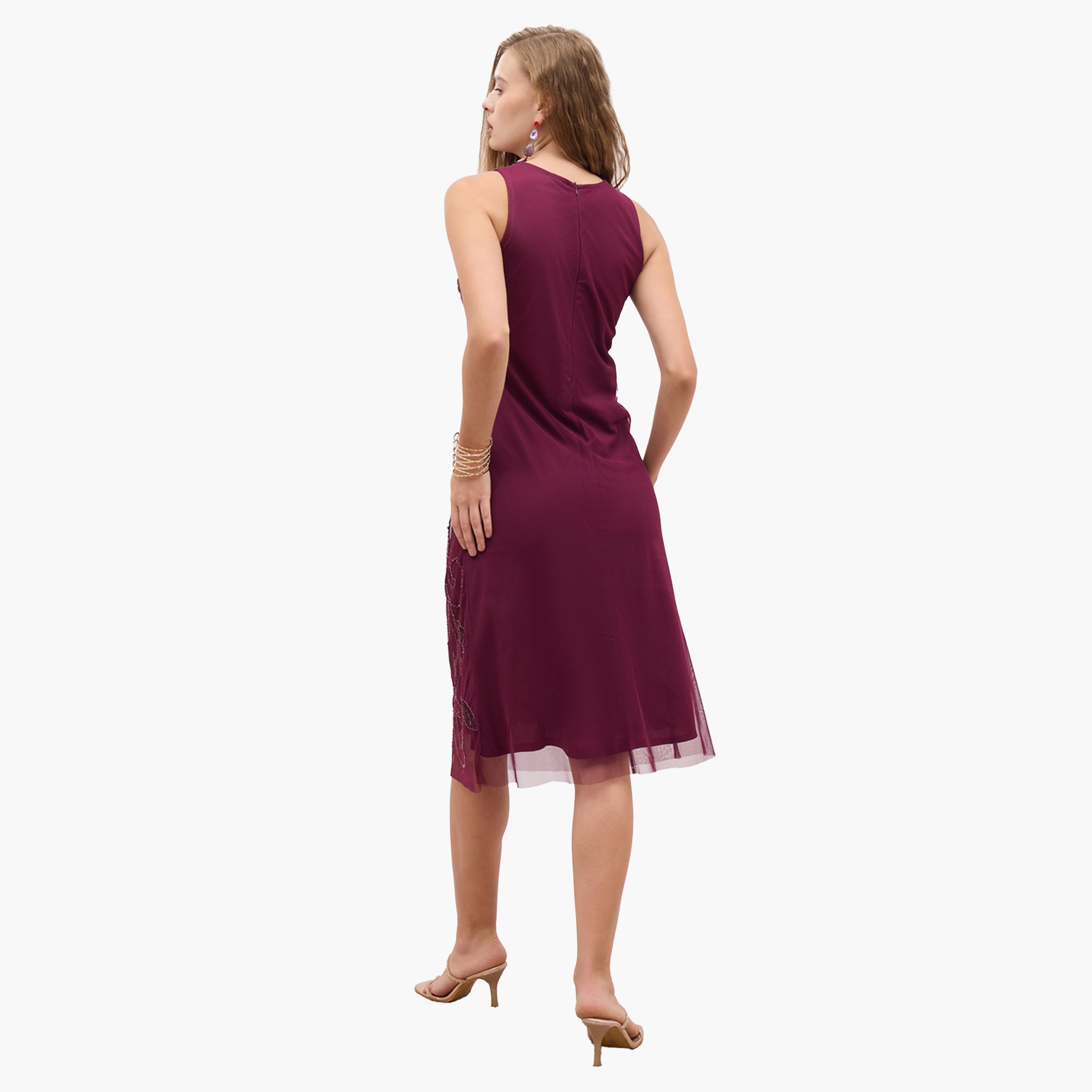 ستايلي-  فستان مزخرف بدون أكمام بطول الركبة-women-clothing-dresses-image-5