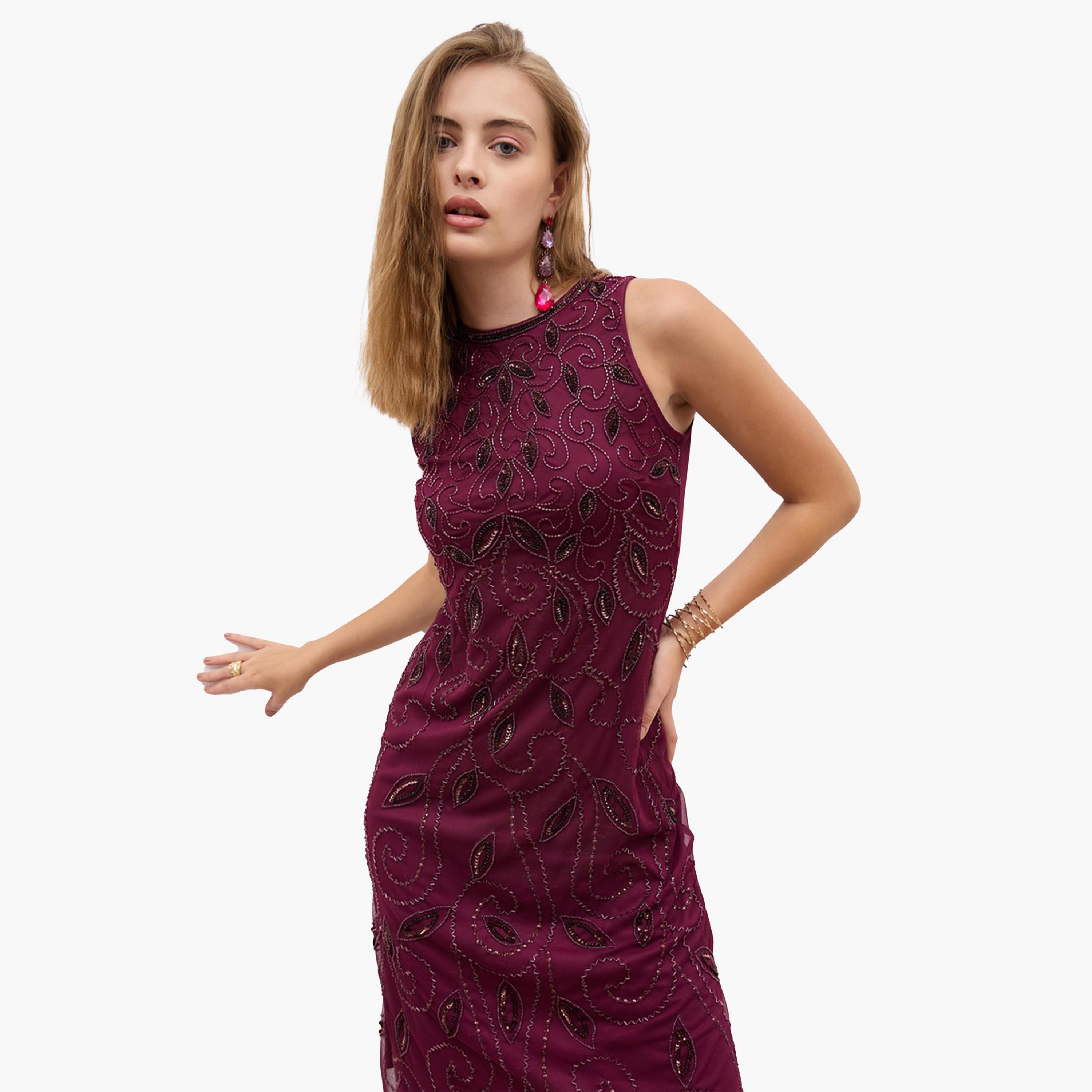 ستايلي-  فستان مزخرف بدون أكمام بطول الركبة-women-clothing-dresses-image-6