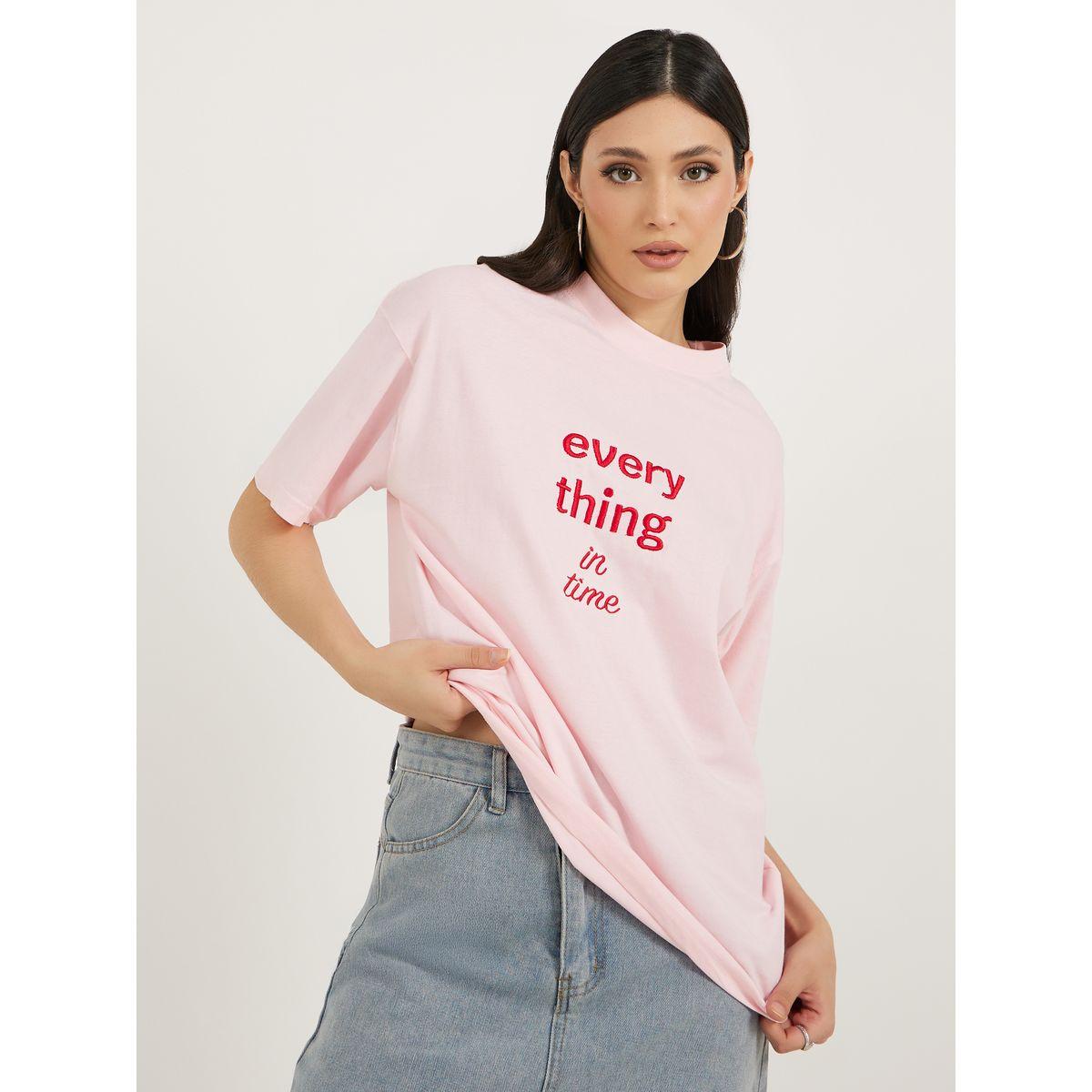 Embroidered Slogan Detail Round Neck Jersey T-Shirt-women-clothing-tshirts-image-1