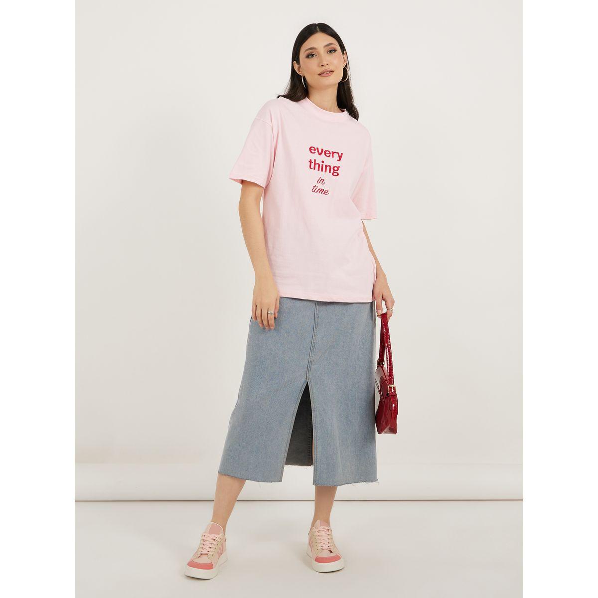 Embroidered Slogan Detail Round Neck Jersey T-Shirt-women-clothing-tshirts-image-2