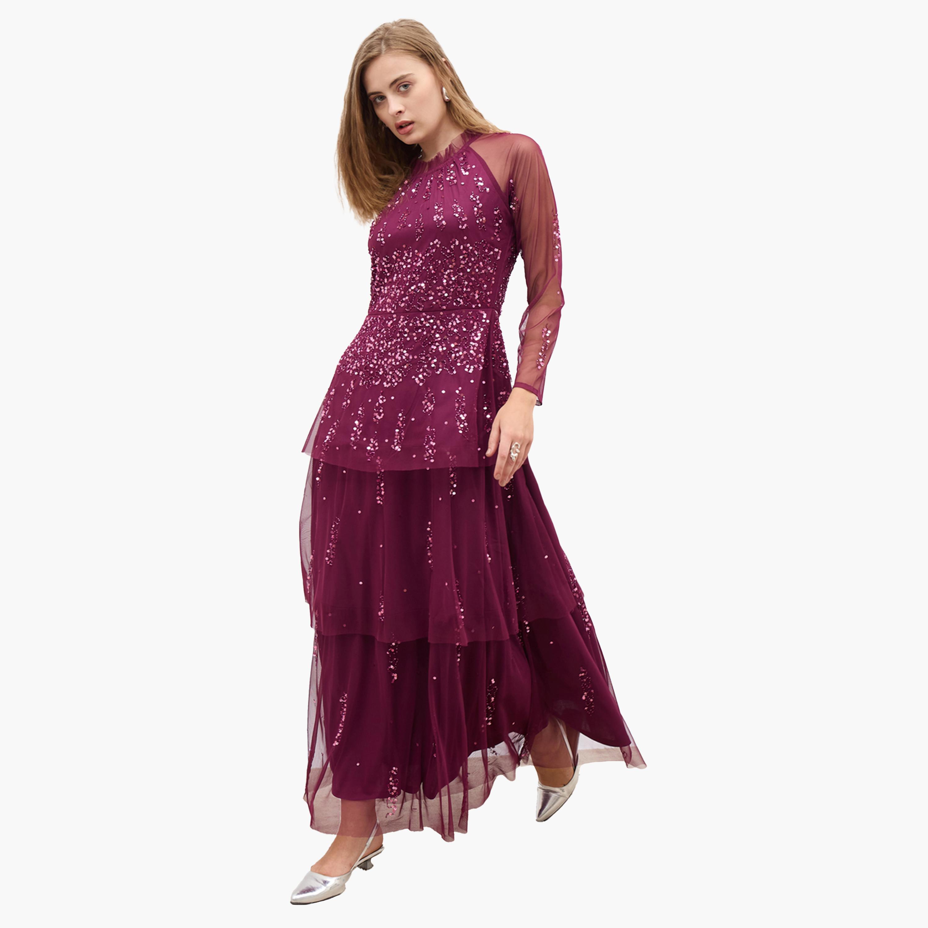 ستايلي-  فستان ماكسي مزخرف بأكمام طويلة ومتعدد الطبقات-women-clothing-dresses-image-1