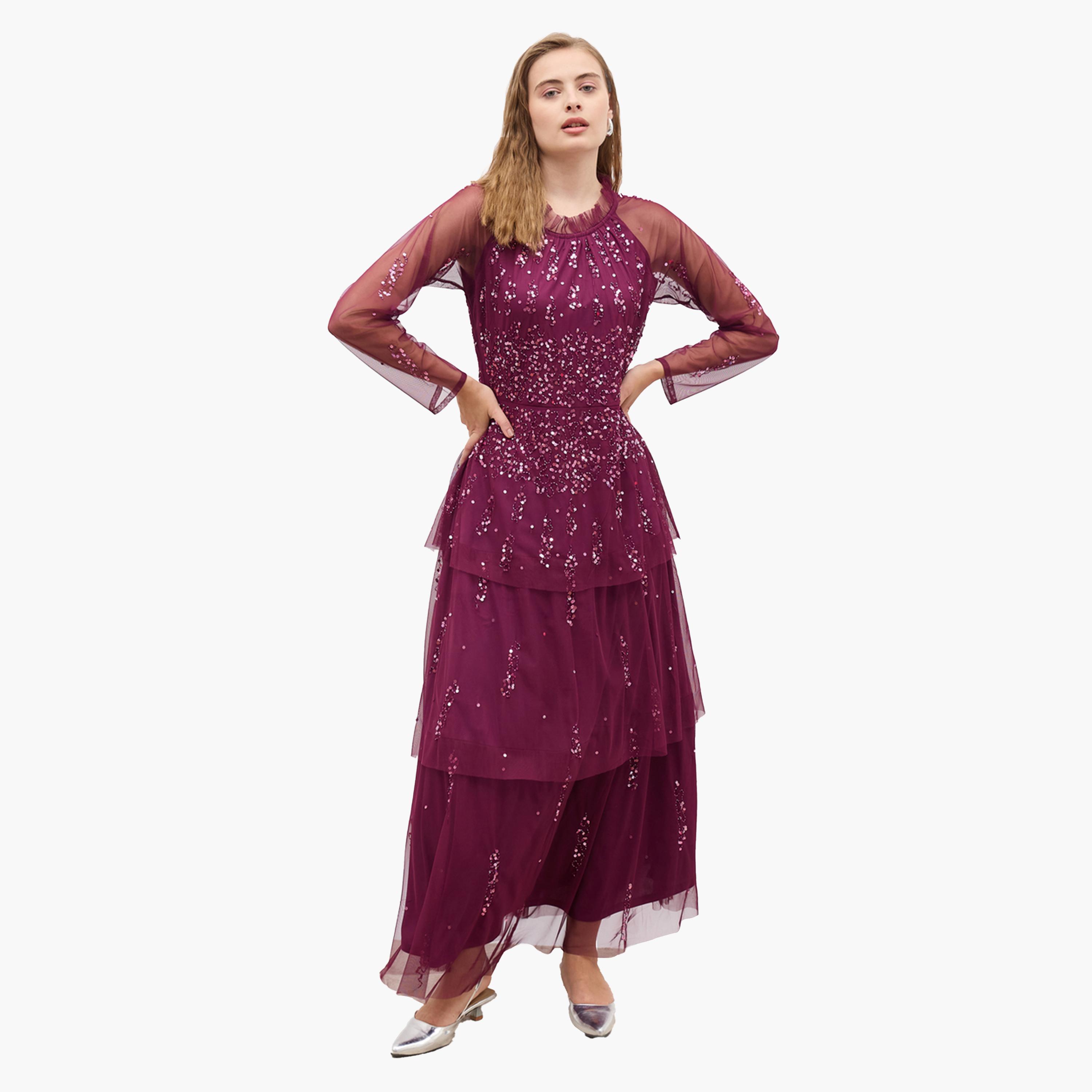 Styli Embellished Long Sleeve Tiered Maxi Dress-women-clothing-dresses-image-2