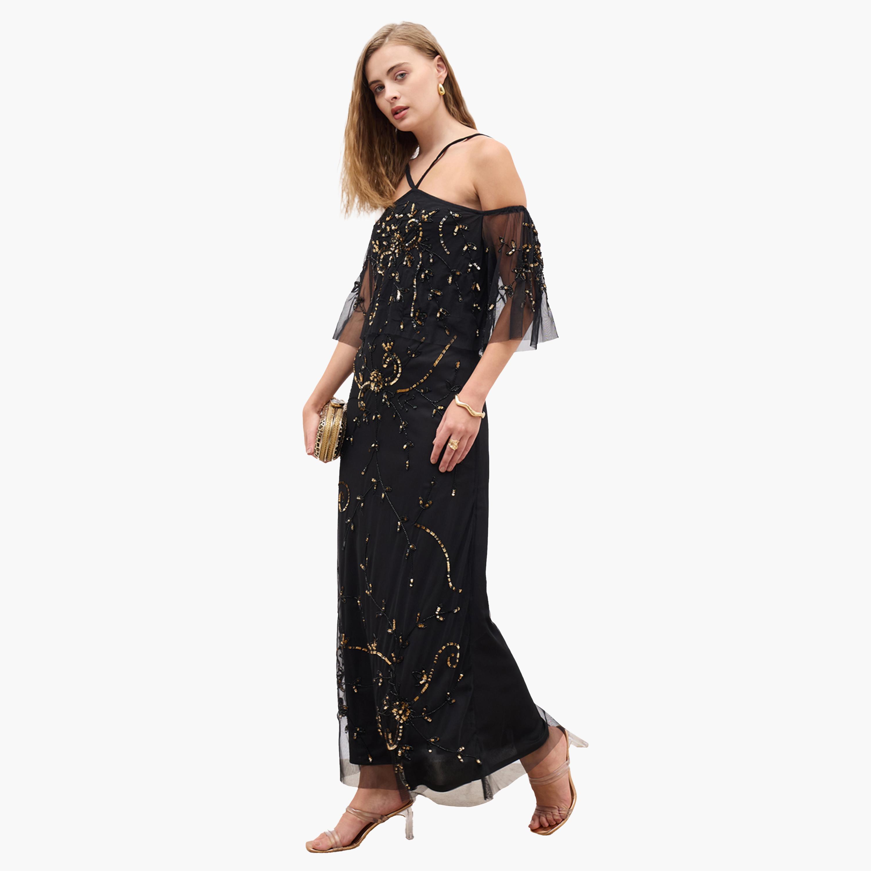 Styli Embellished Halter Neck Cape Sleeve Mermaid Maxi Dress-women-clothing-dresses-image-1