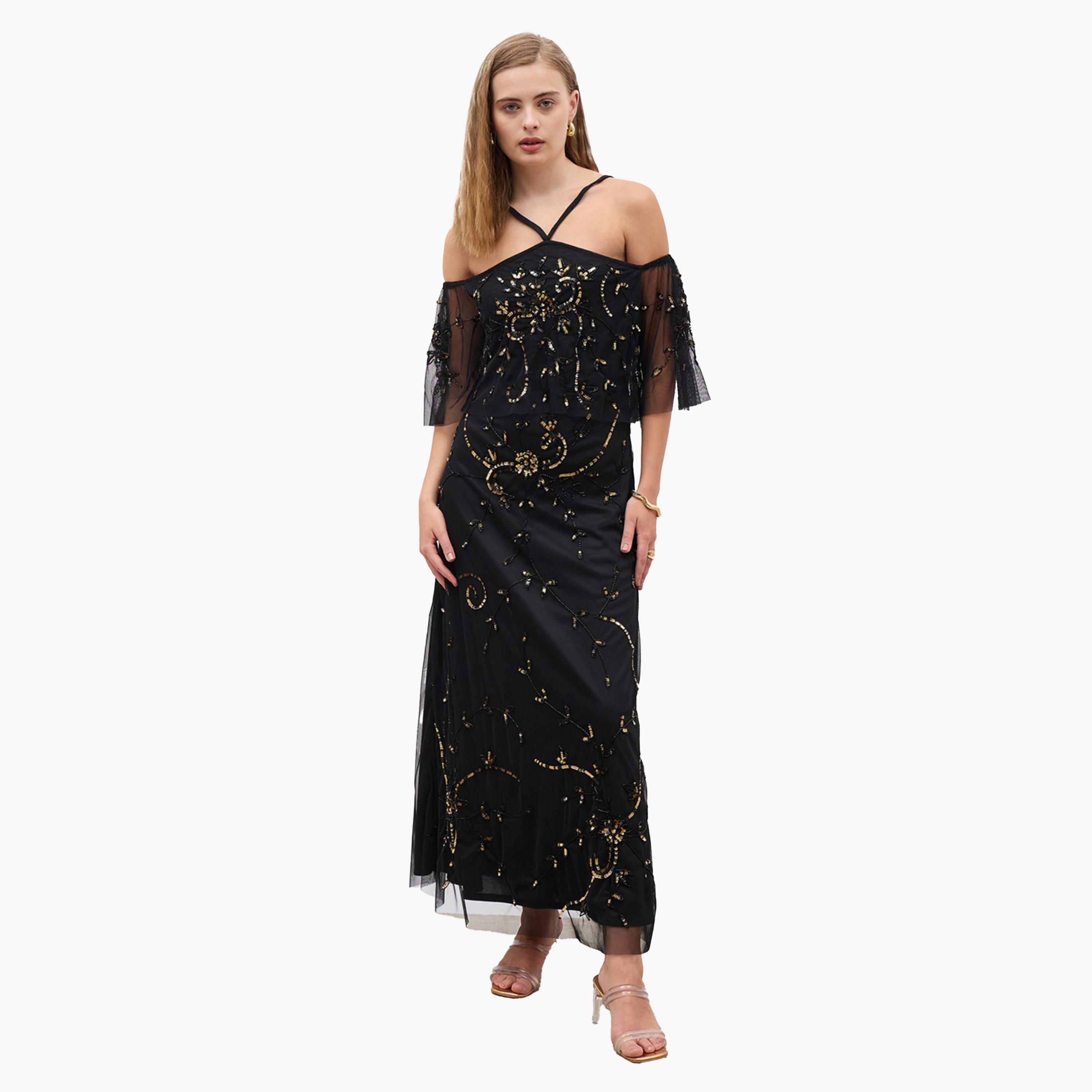 ستايلي-  فستان ماكسي حورية البحر بأكمام كاب ورقبة على شكل هالتر-women-clothing-dresses-image-2