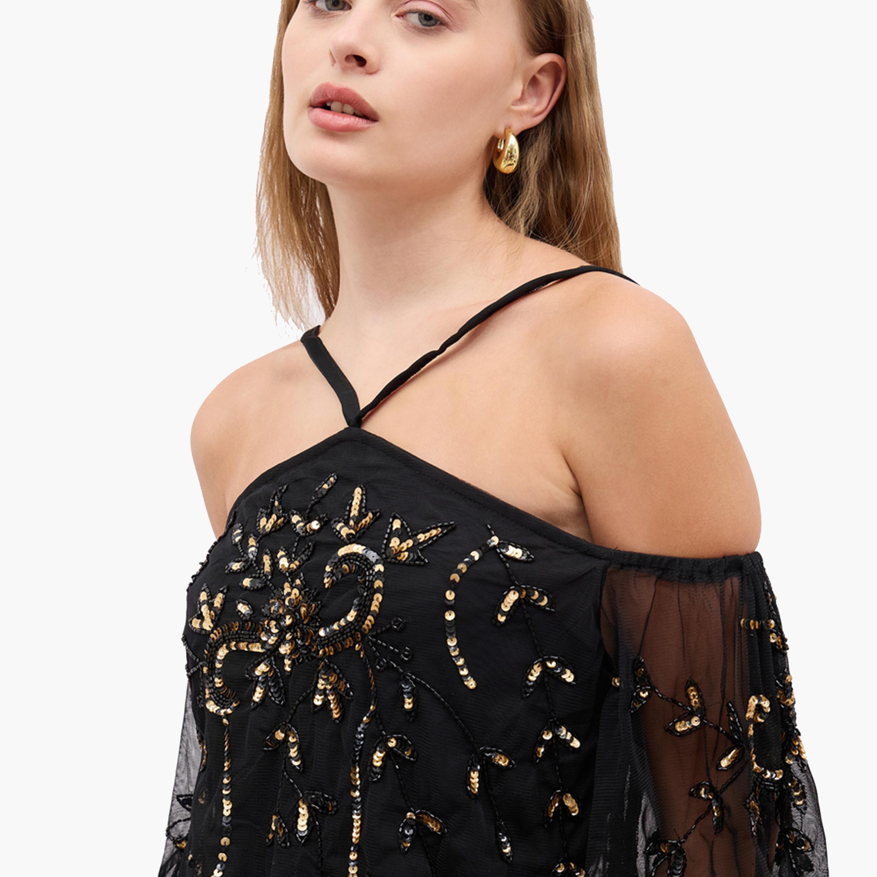 Styli Embellished Halter Neck Cape Sleeve Mermaid Maxi Dress-women-clothing-dresses-image-4