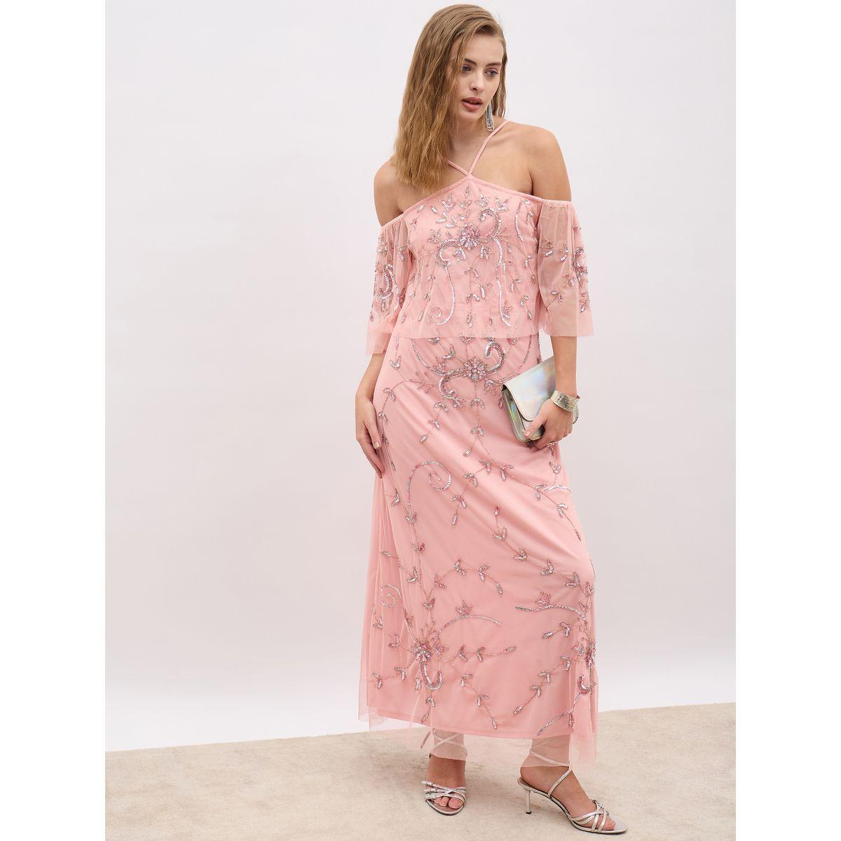 Styli Embellished Halter Neck Cape Sleeve Mermaid Maxi Dress-women-clothing-dresses-image-1