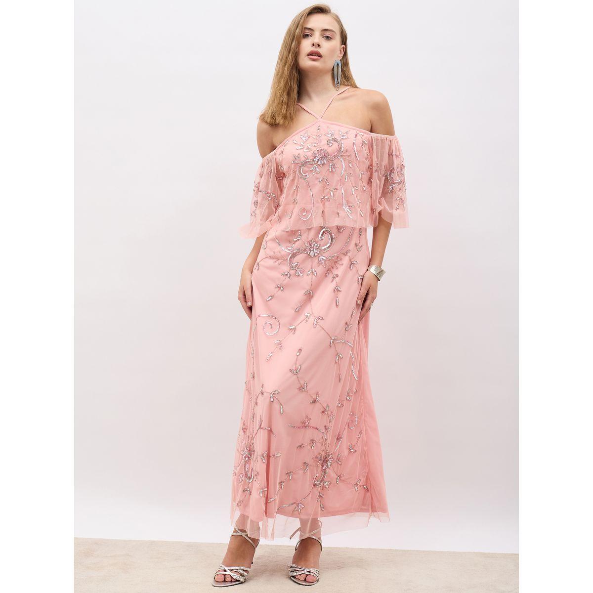Styli Embellished Halter Neck Cape Sleeve Mermaid Maxi Dress-women-clothing-dresses-image-2