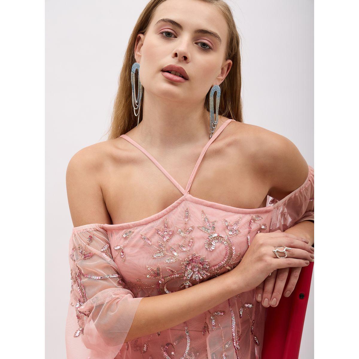 Styli Embellished Halter Neck Cape Sleeve Mermaid Maxi Dress-women-clothing-dresses-image-4
