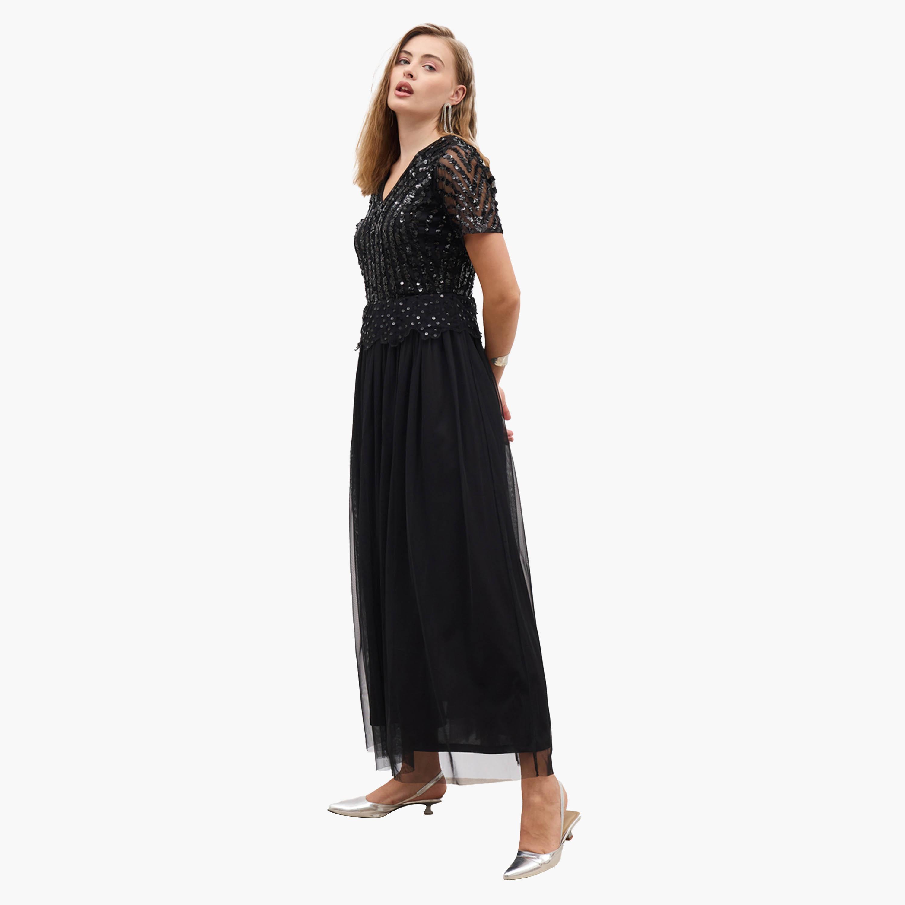 ستايلي - فستان ماكسي بأكمام قصيرة مزين بالترتر وقصّة A-women-clothing-dresses-image-3