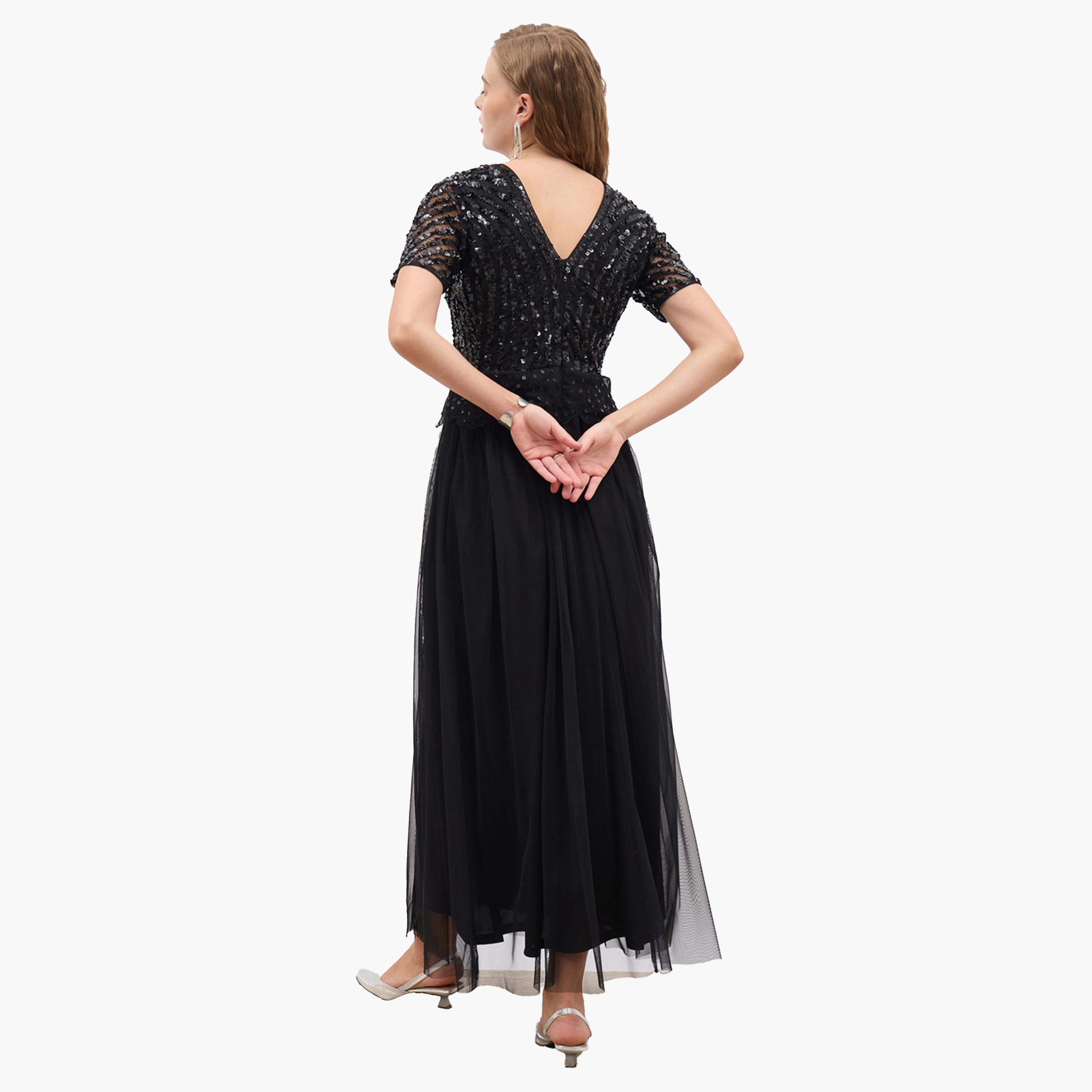 ستايلي - فستان ماكسي بأكمام قصيرة مزين بالترتر وقصّة A-women-clothing-dresses-image-5