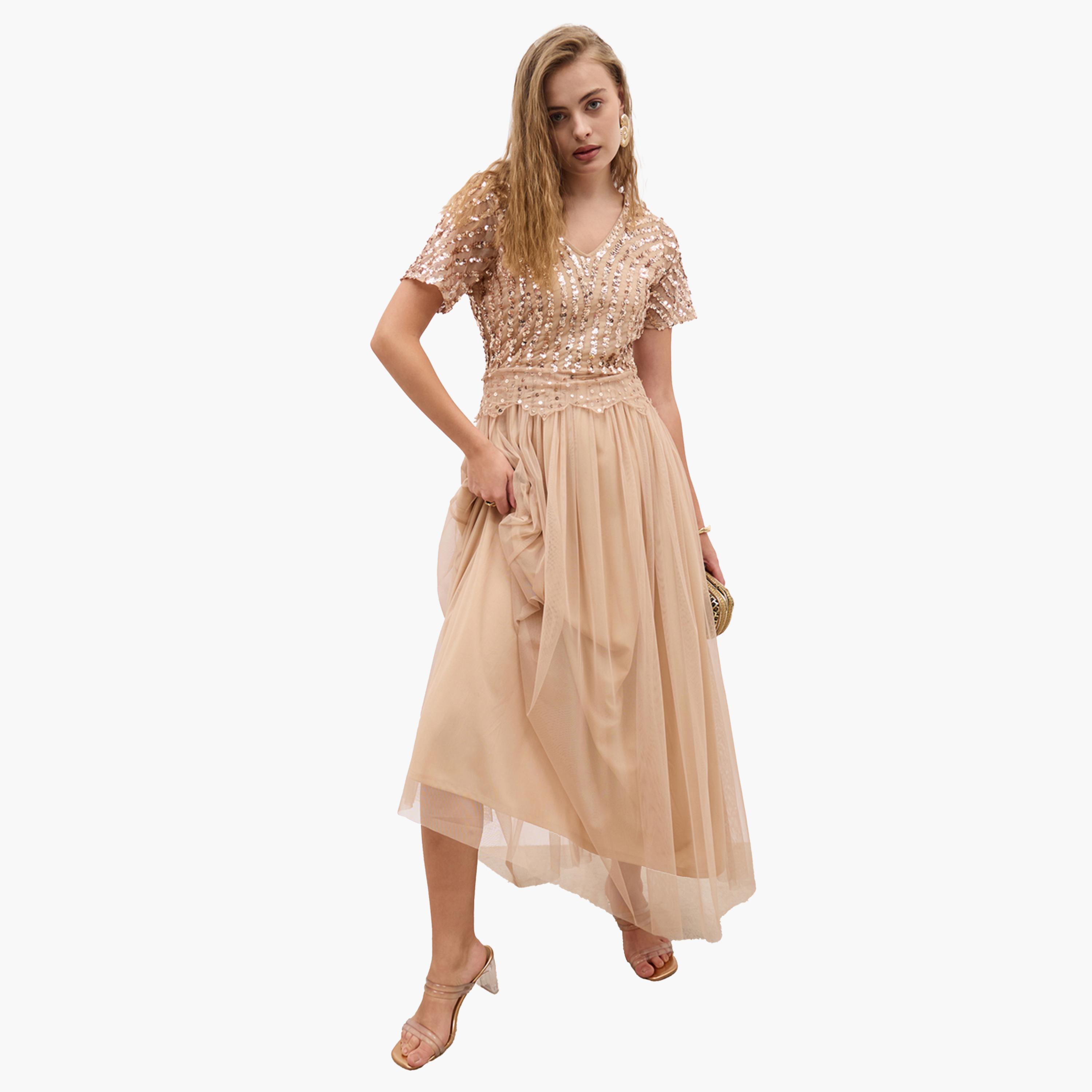 Styli Sequin Embellished Short Sleeves A-Line Maxi Dress-women-clothing-dresses-image-1