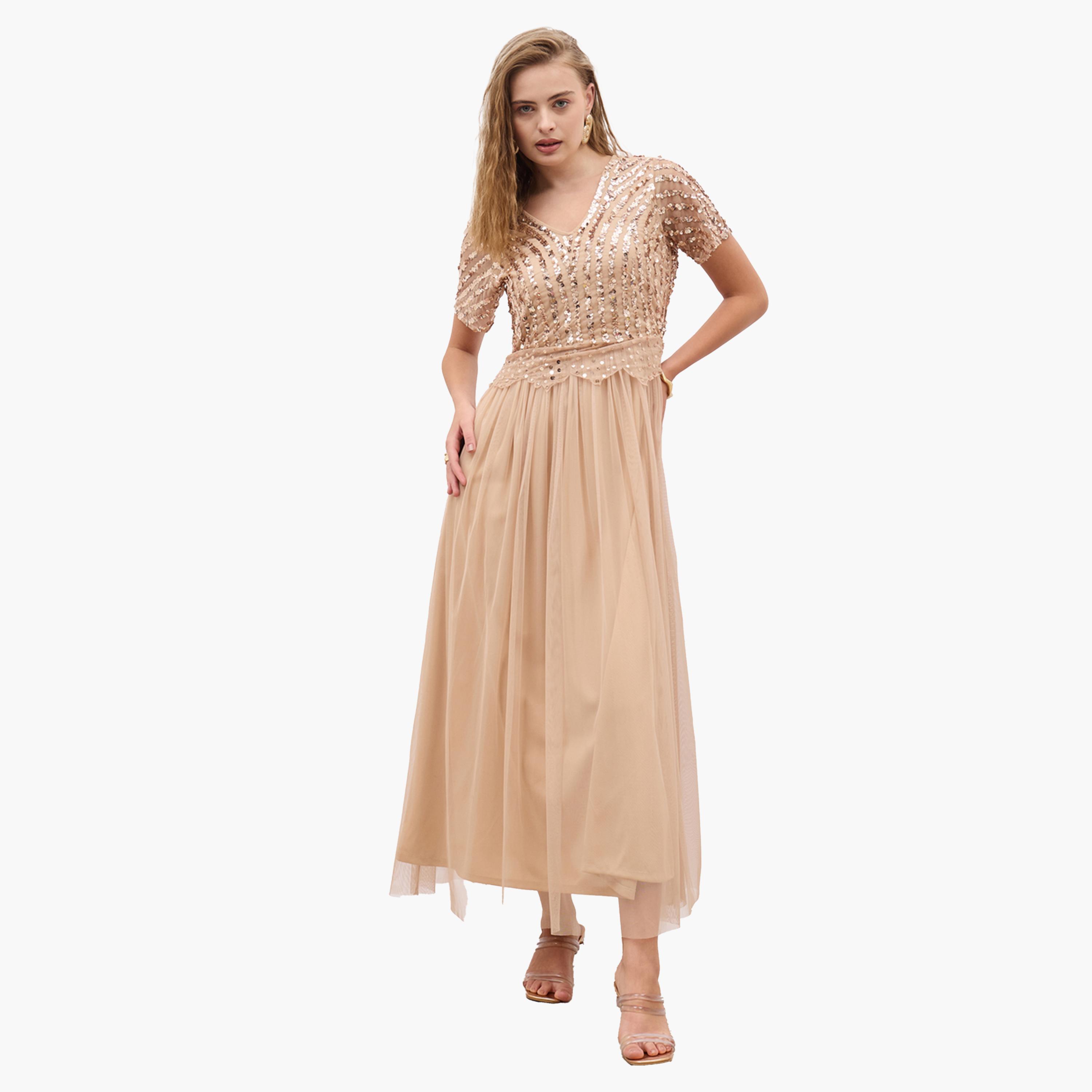 Styli Sequin Embellished Short Sleeves A-Line Maxi Dress-women-clothing-dresses-image-2