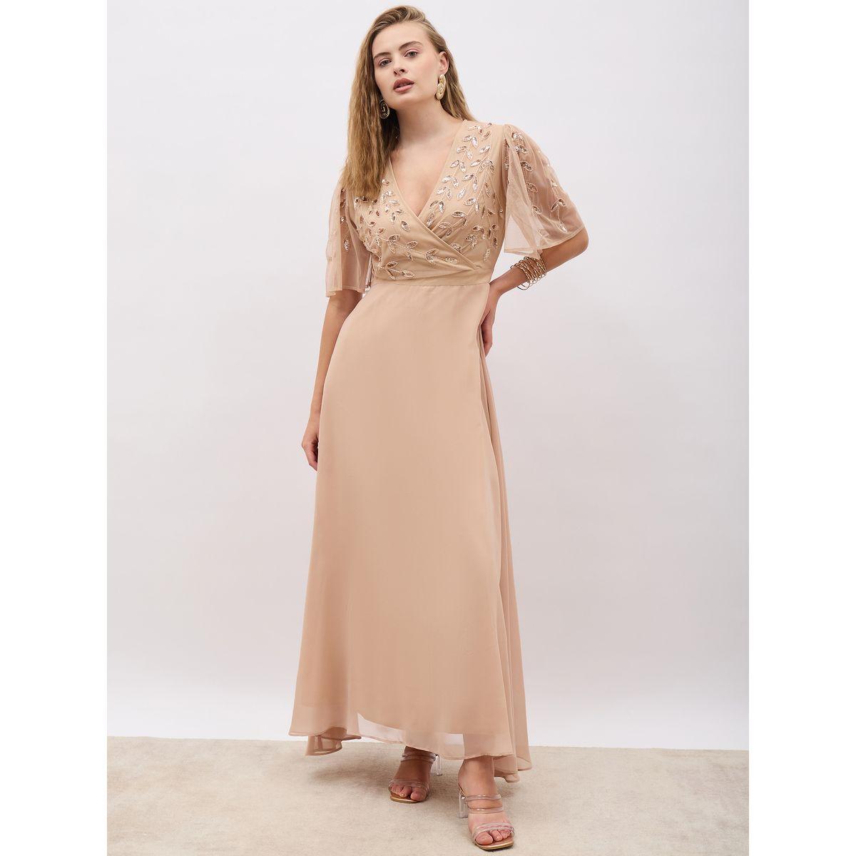 فستان طويل منمق بحافة واسعة وأكمام قصيرة-women-clothing-dresses-image-2