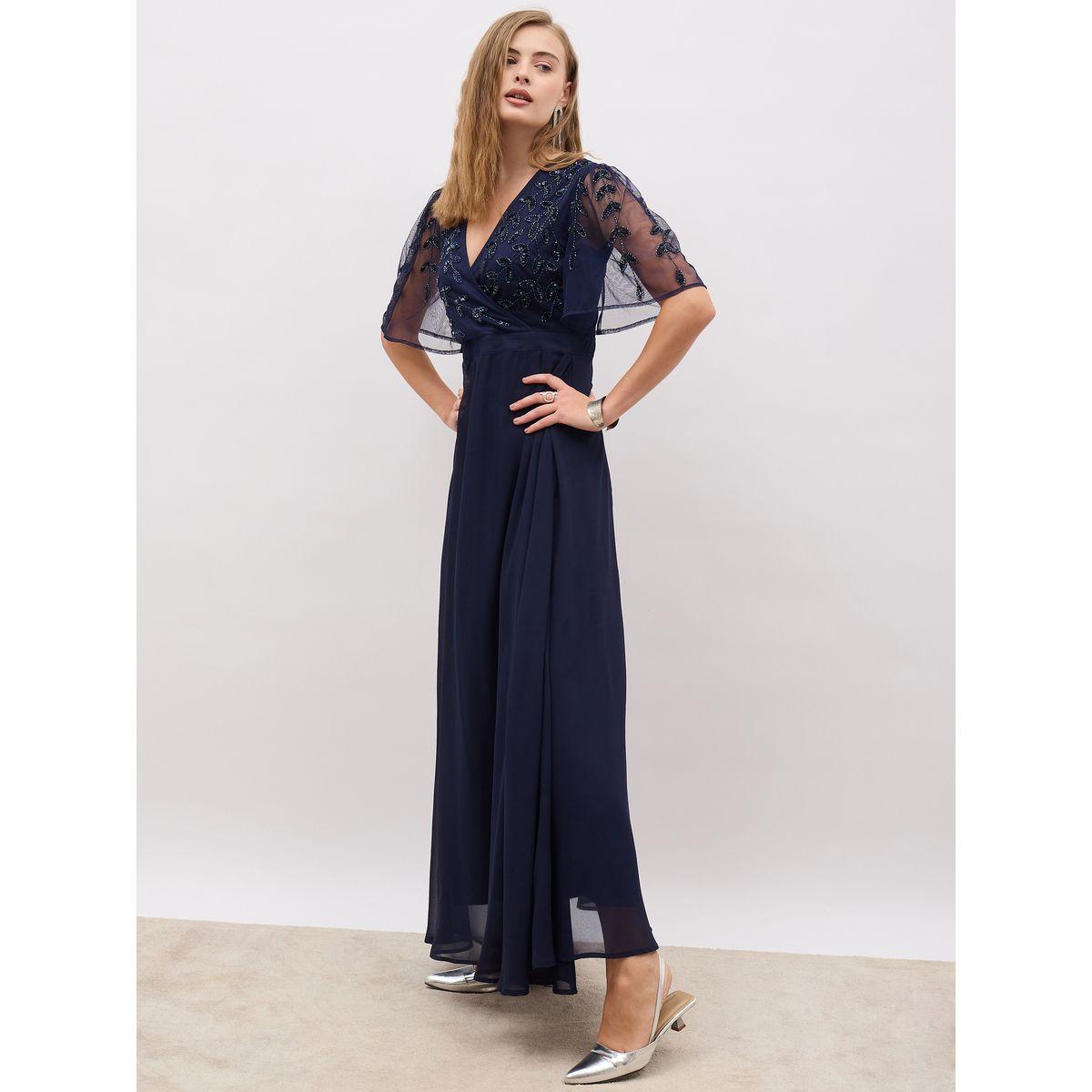 فستان طويل منمق بحافة واسعة وأكمام قصيرة-women-clothing-dresses-image-3