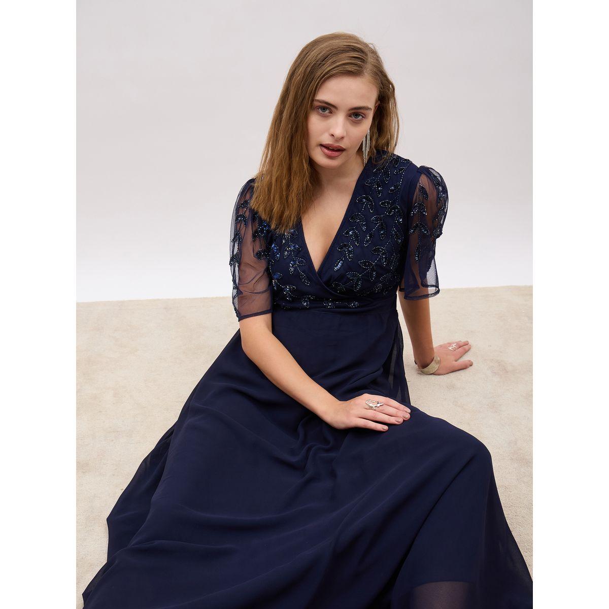 فستان طويل منمق بحافة واسعة وأكمام قصيرة-women-clothing-dresses-image-6