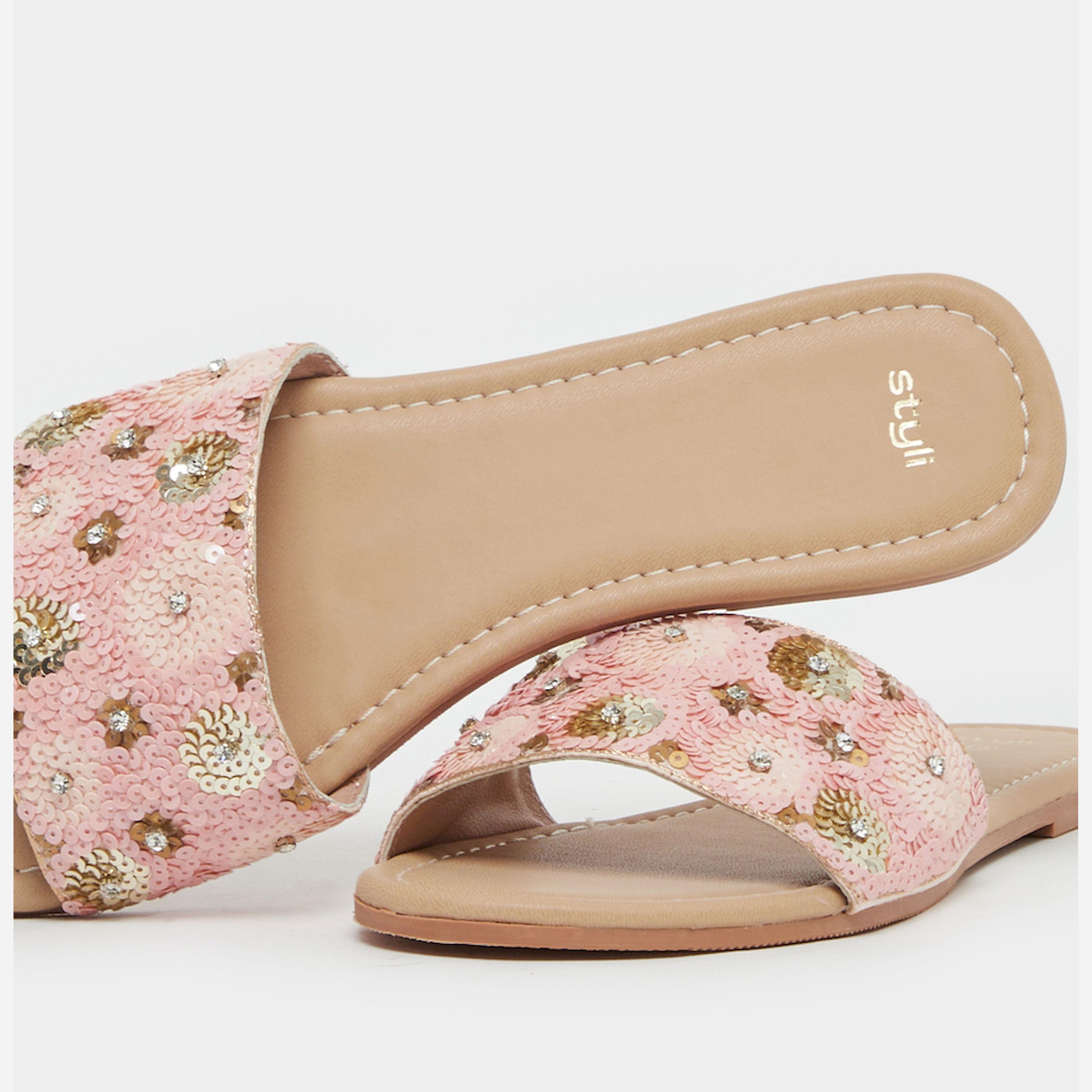 Styli Embellished Sequins Flat Sandals-women-shoes-sandals-flats-image-4
