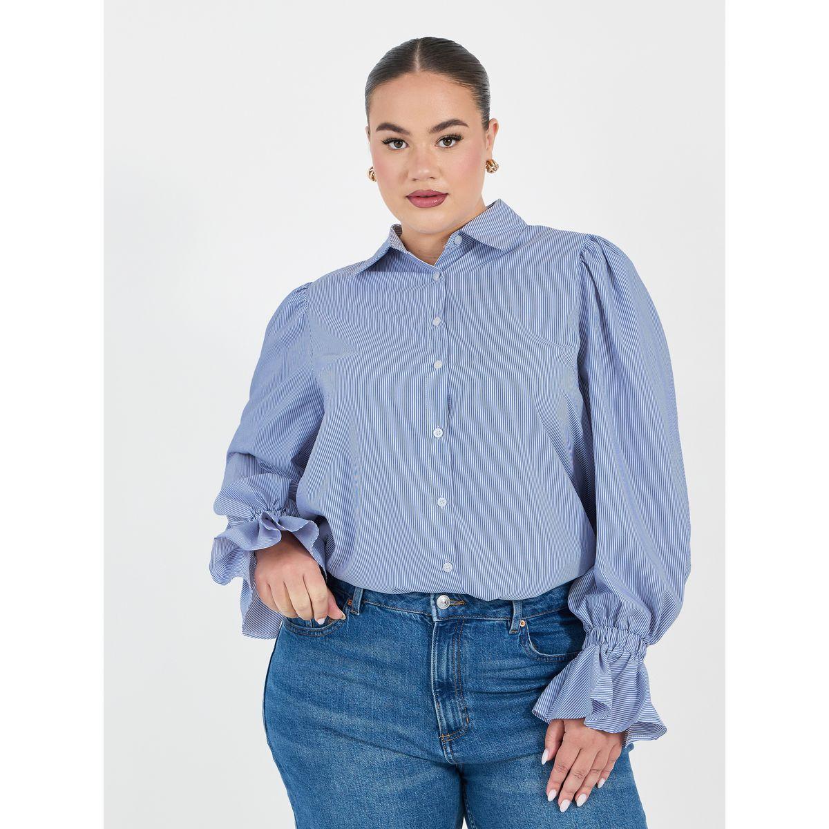 Styli Plus Size Striped Shirt with Flared Elasticated Balloon Sleeves-women-clothing-shirtsandblouses-shirts-image-1