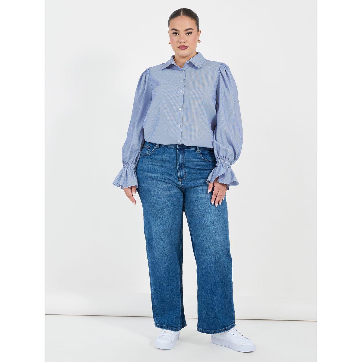 Styli Plus Size Striped Shirt with Flared Elasticated Balloon Sleeves-women-clothing-shirtsandblouses-shirts-image-3