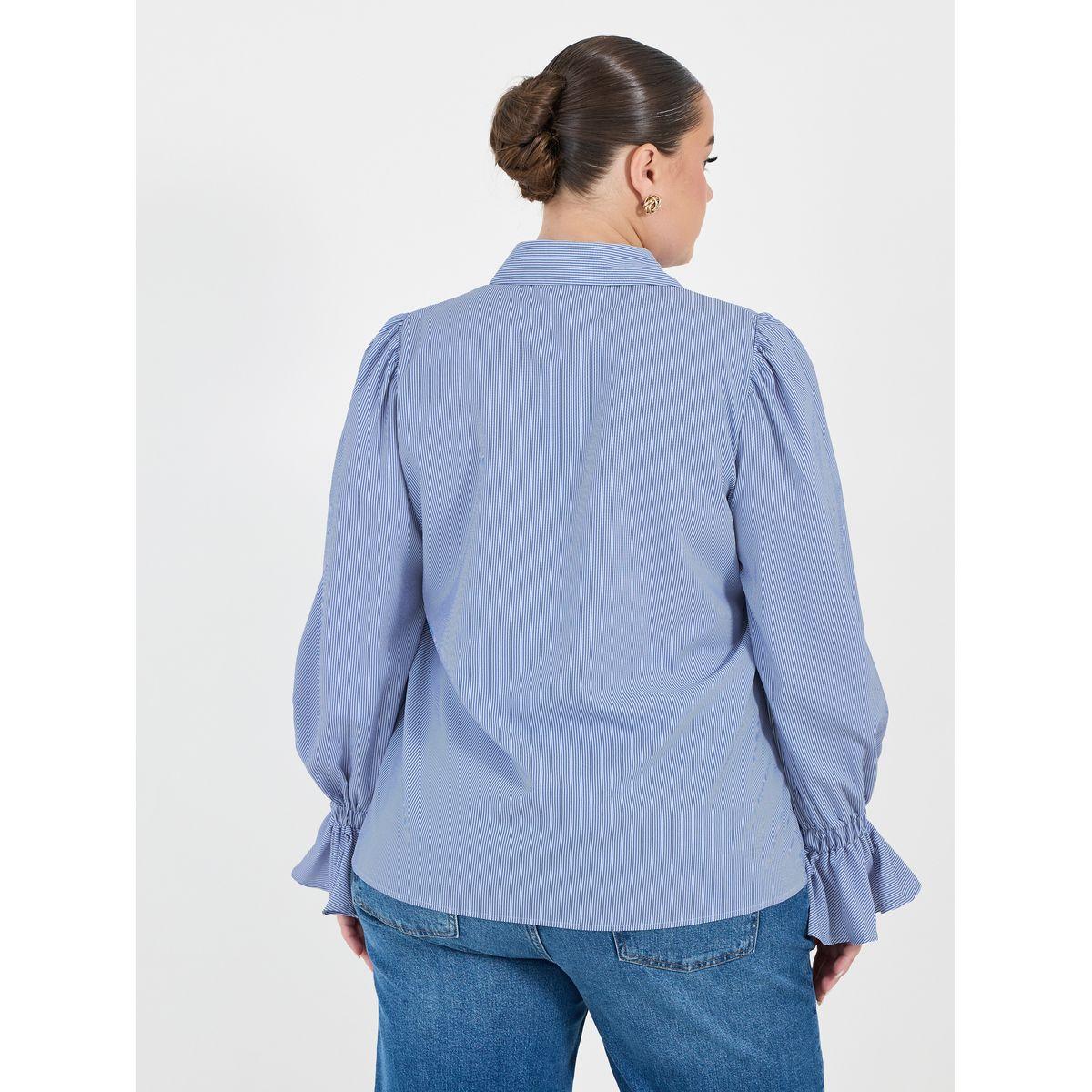 Styli Plus Size Striped Shirt with Flared Elasticated Balloon Sleeves-women-clothing-shirtsandblouses-shirts-image-5