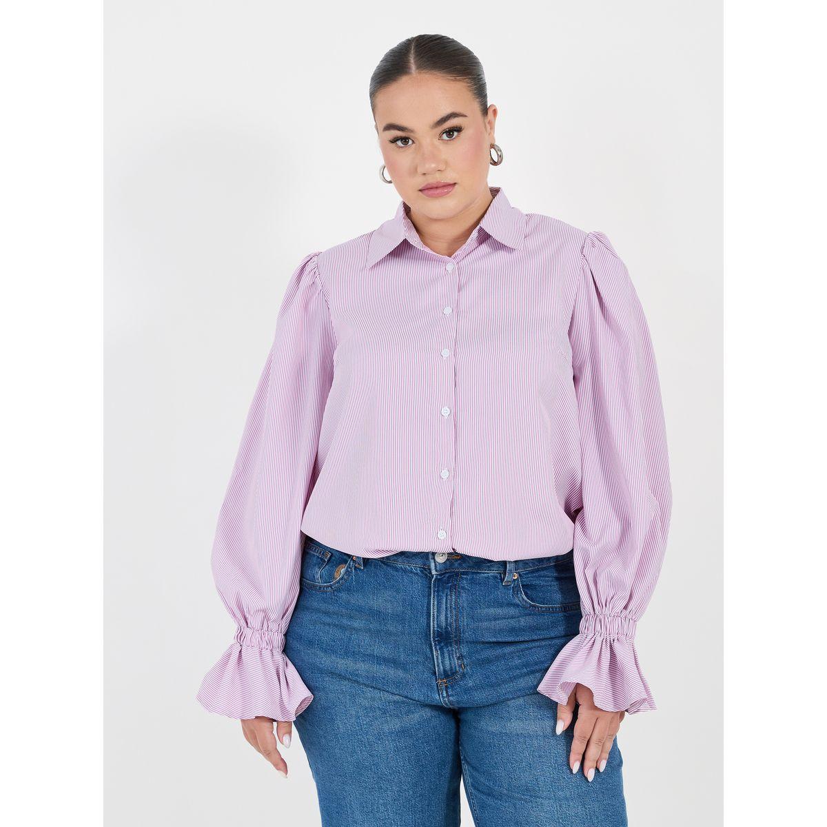 Styli Plus Size Striped Shirt with Flared Elasticated Balloon Sleeves-women-clothing-shirtsandblouses-shirts-image-1