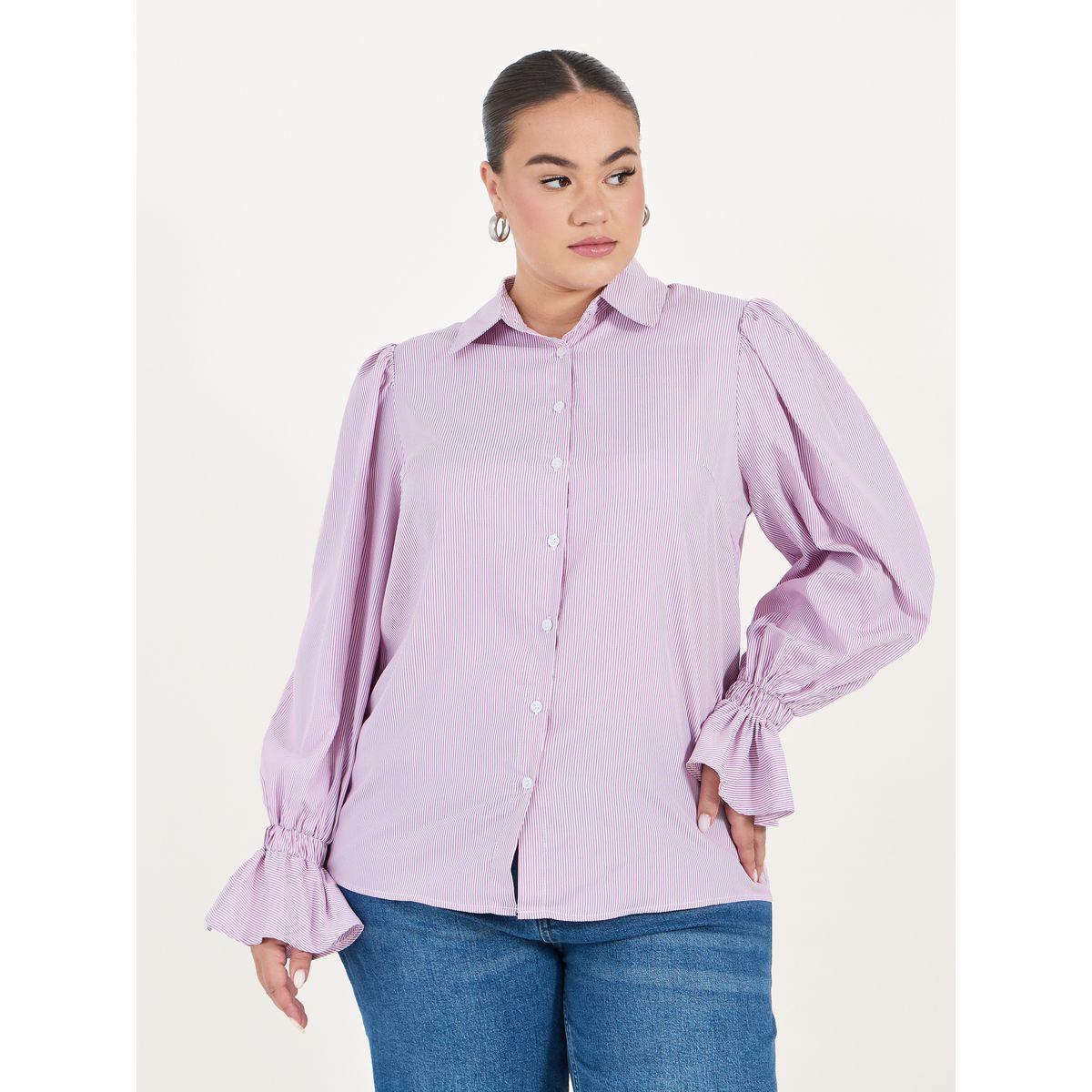 Styli Plus Size Striped Shirt with Flared Elasticated Balloon Sleeves-women-clothing-shirtsandblouses-shirts-image-2