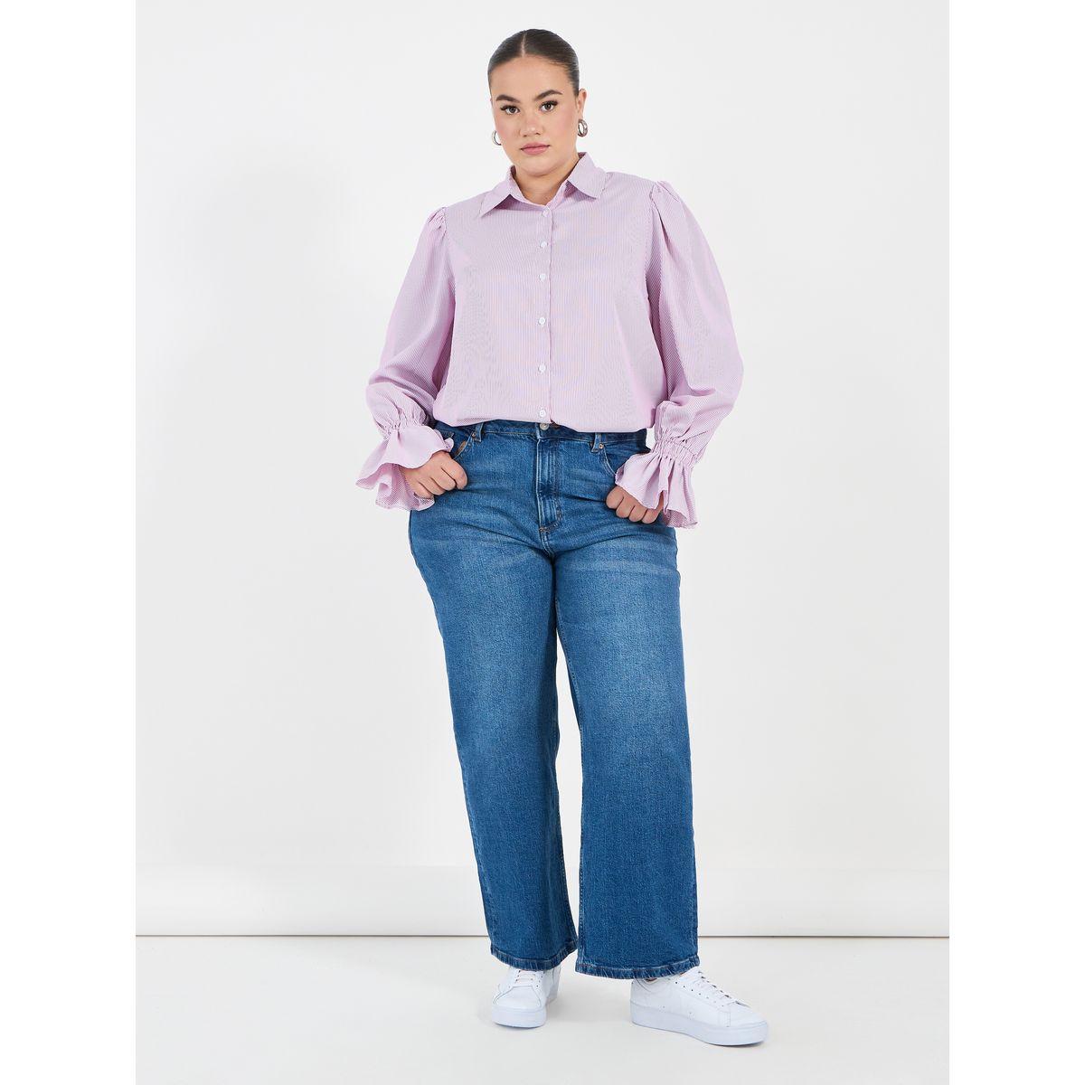 بلوزة مخططة بمقاس كبير وأكمام بالون-women-clothing-shirtsandblouses-shirts-image-3
