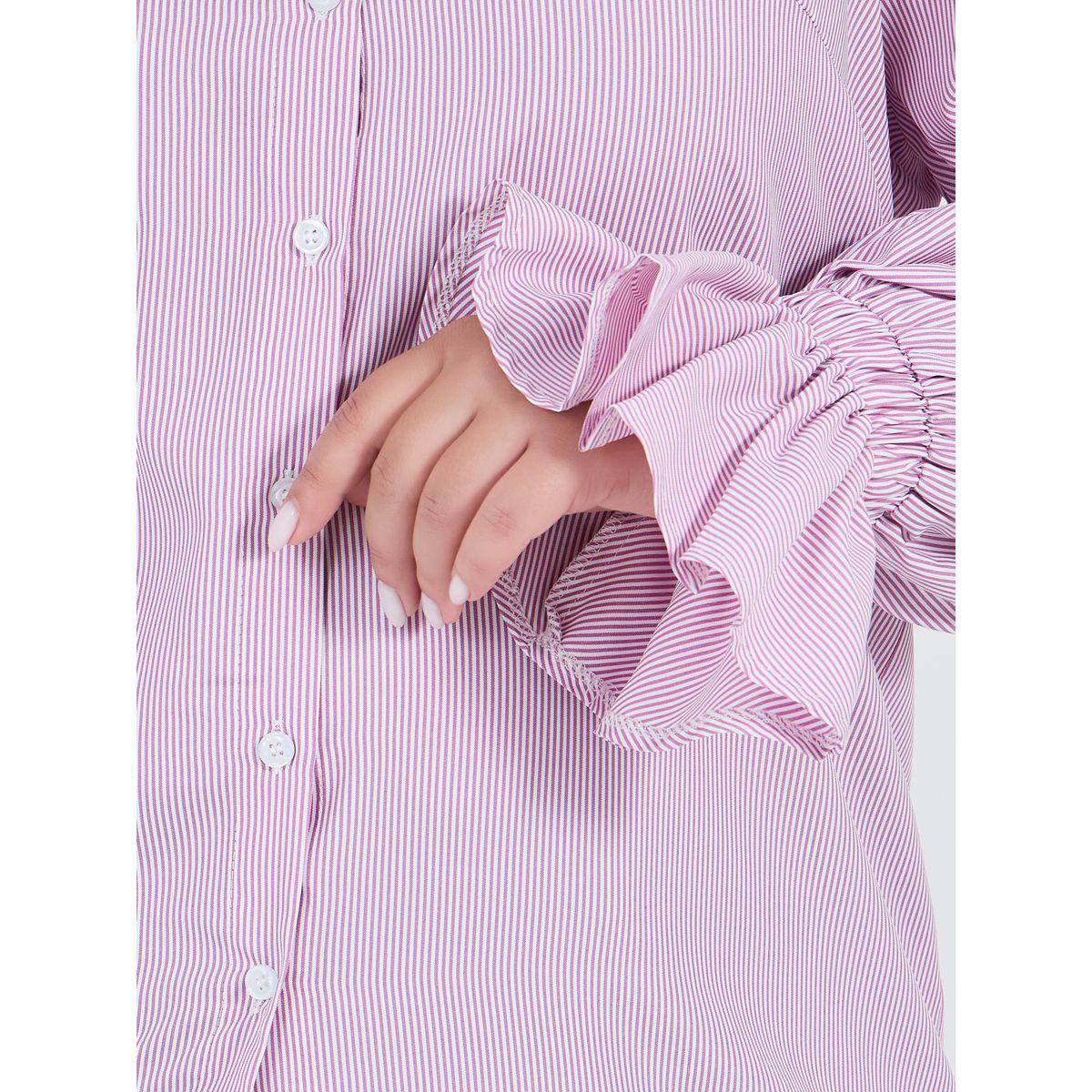 Styli Plus Size Striped Shirt with Flared Elasticated Balloon Sleeves-women-clothing-shirtsandblouses-shirts-image-4