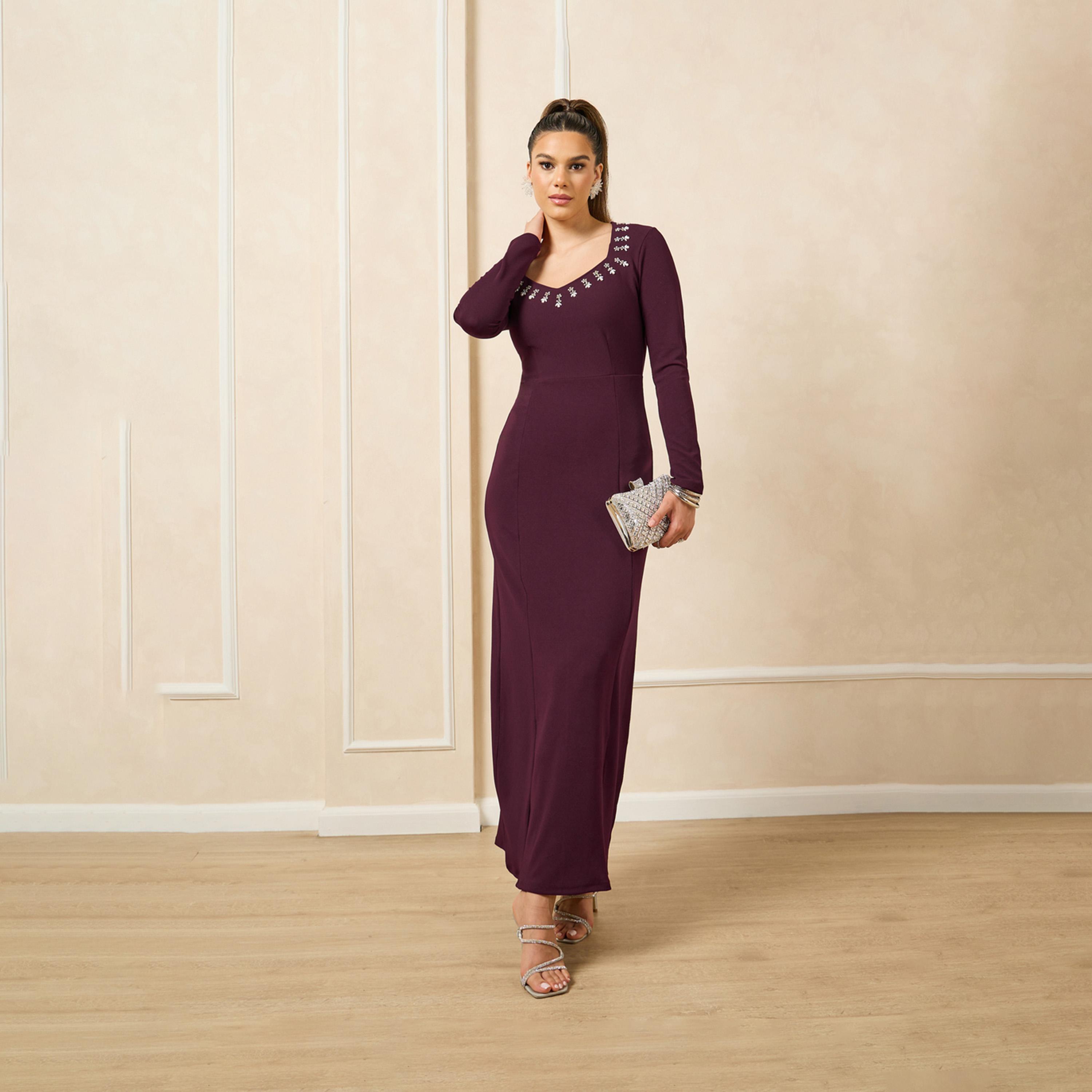 Styli Embellished Long Sleeves Sheath Maxi Dress-women-clothing-dresses-image-1