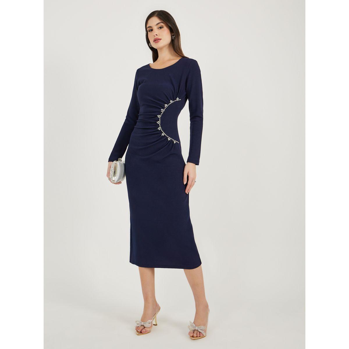 Styli Embellished Long Sleeves Sheath Midi Dress with Gathered Detail-women-clothing-dresses-image-1